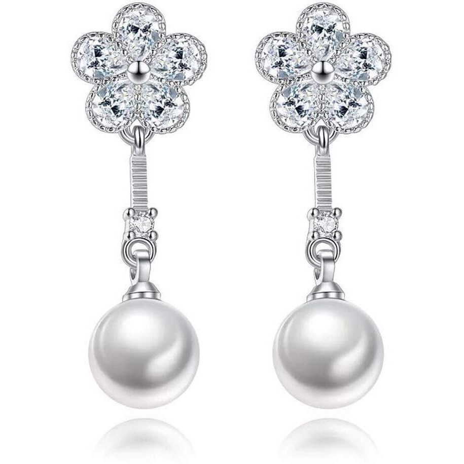 Shining Diva Fashion White Crystal Pearl Stylish Silver Plated Dangler Earrings for Women and Girls (10716er)