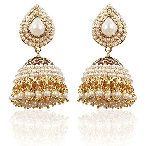 Shining Diva White Gold Plated Pearl Traditional Jhumki Earrings for Women and Girls (6822)