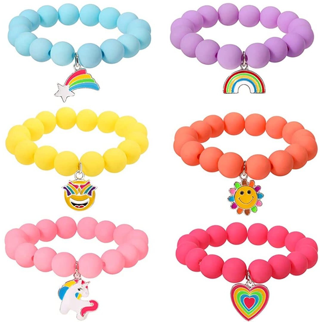 SANNIDHI 6 Pack Beads Bracelets for Kids Pendant Beaded Bracelet for Girls Teen Cartoon Charm Kids Bracelets Matte Candy Color Friendship Bracelets Gift
