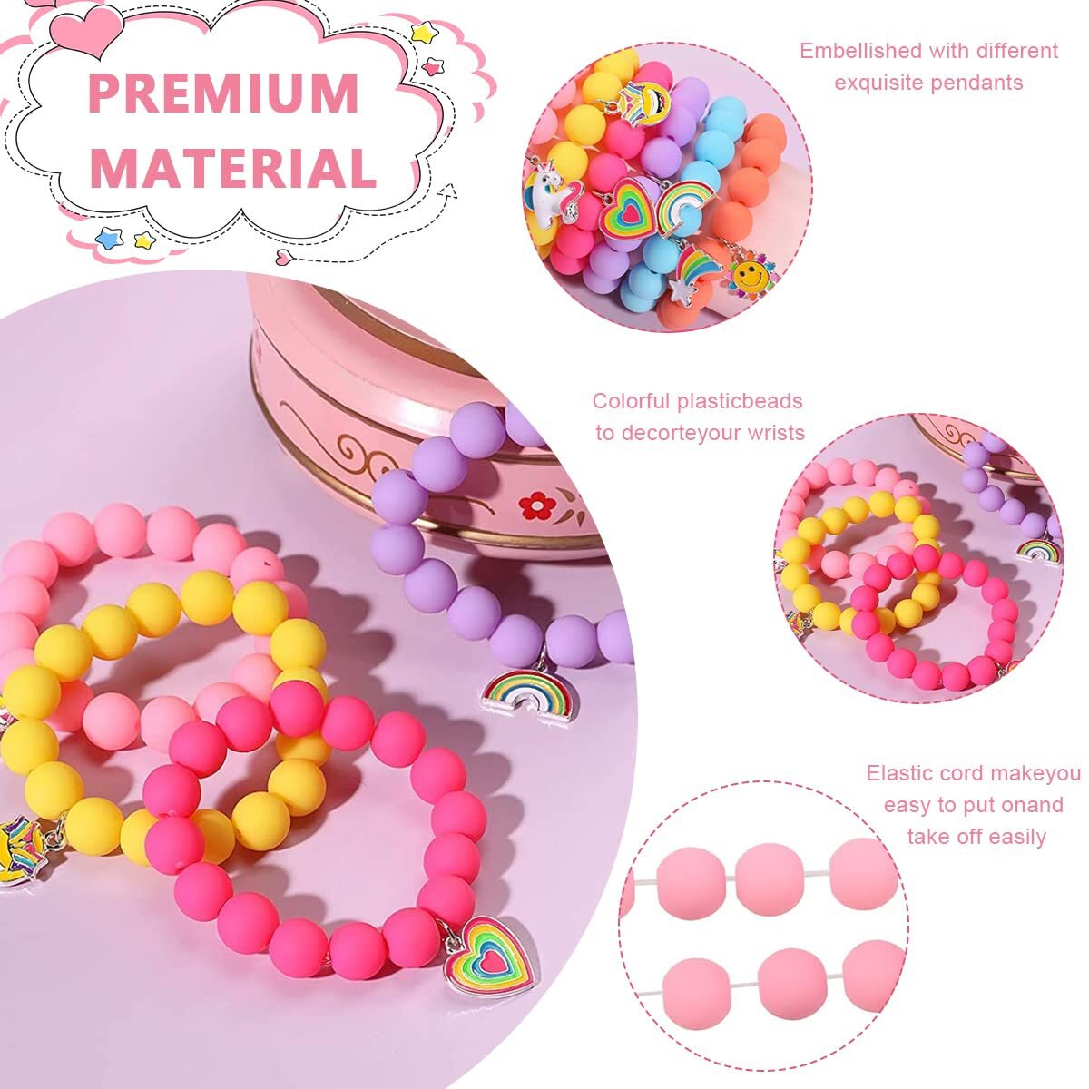 SANNIDHI 6 Pack Beads Bracelets for Kids Pendant Beaded Bracelet for Girls Teen Cartoon Charm Kids Bracelets Matte Candy Color Friendship Bracelets Gift
