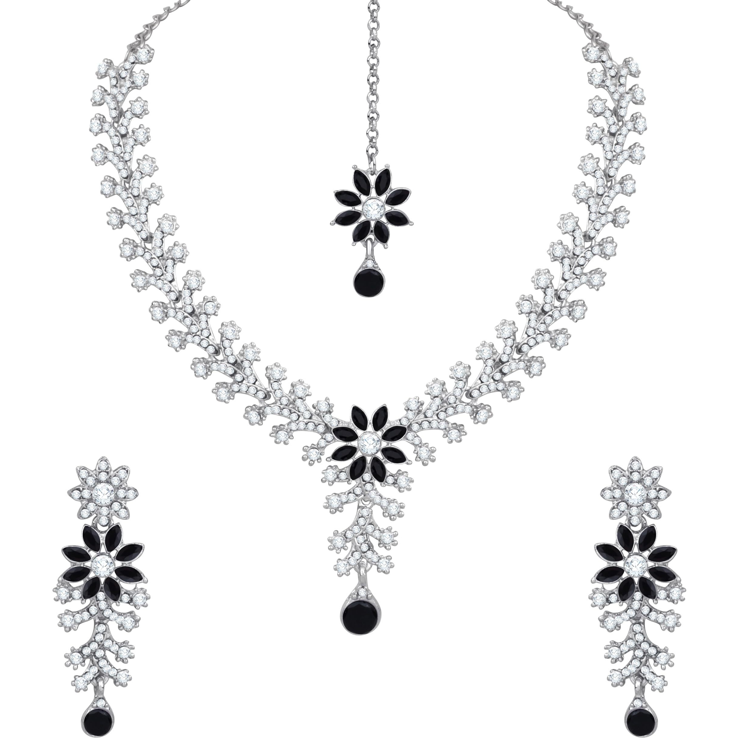 Atasi International Silver Tone Black & White Crystals Rhodium Plated Alloy Choker Necklace Set For Women