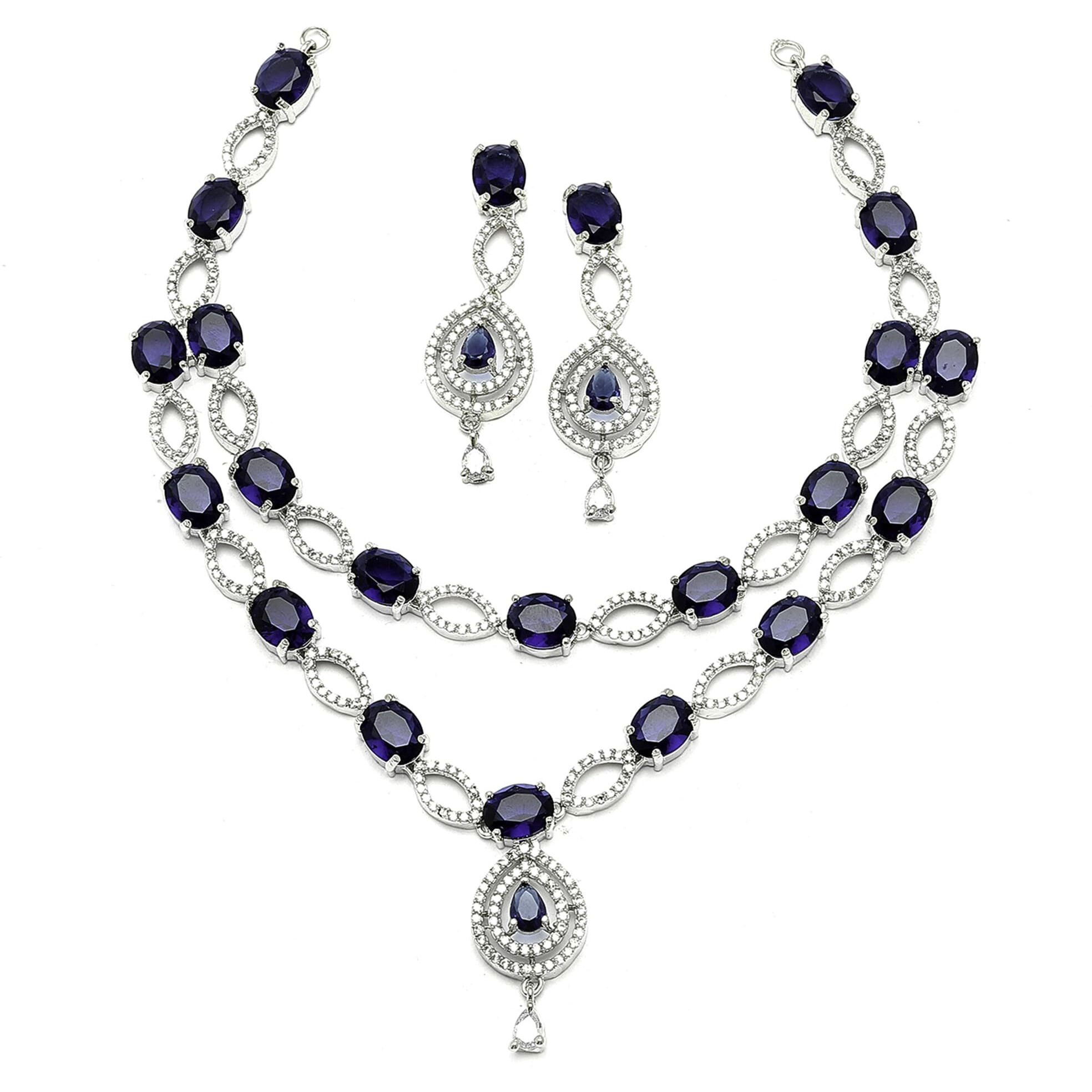 ZENEME Rhodium-Plated American Diamond Studded Abstract Necklace With Earrings Jewellery Set For Girls and Women (Navy Blue)