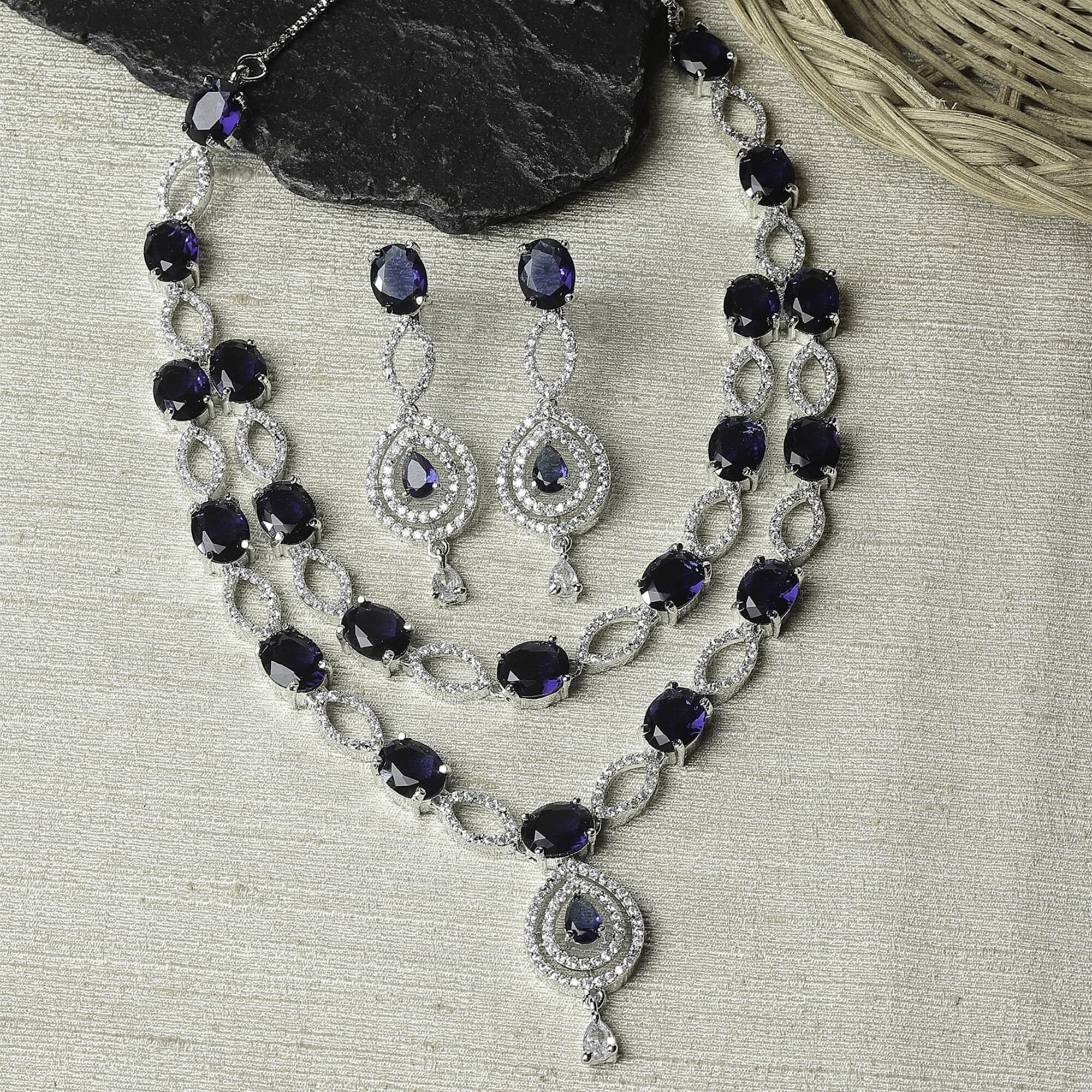 ZENEME Rhodium-Plated American Diamond Studded Abstract Necklace With Earrings Jewellery Set For Girls and Women (Navy Blue)