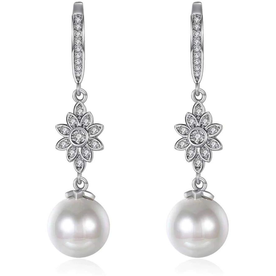 Shining Diva Fashion Latest Crystal Pearl Stylish Silver Plated Dangler Earrings for Women (White 10720er)