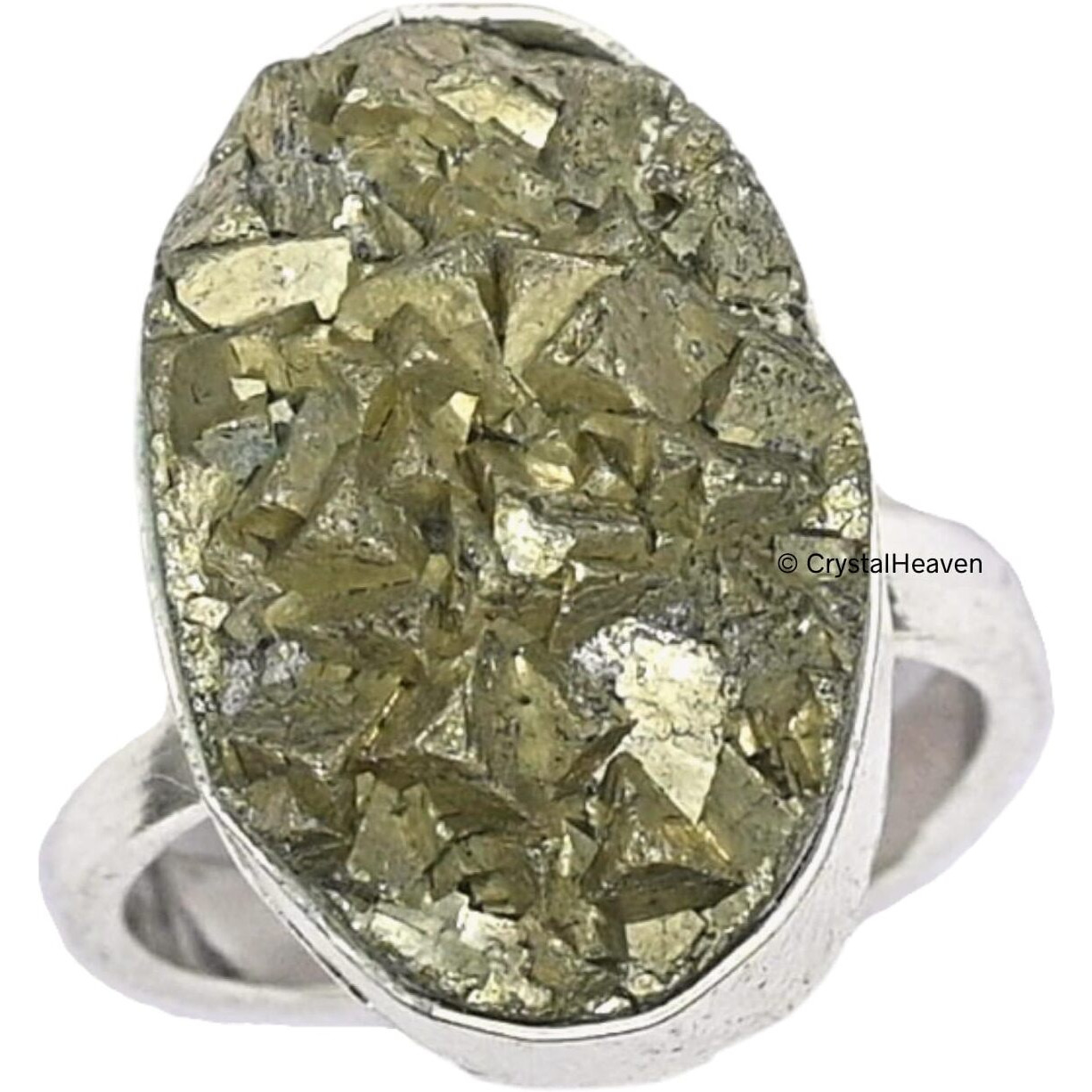 Crystal Heaven Pyrite Stone Original Ring - Certified Pyrite Ring for Women and Men - Real Pirate Stone Crystal Ring for Money, Wealth, Abundance and Success (Silver)