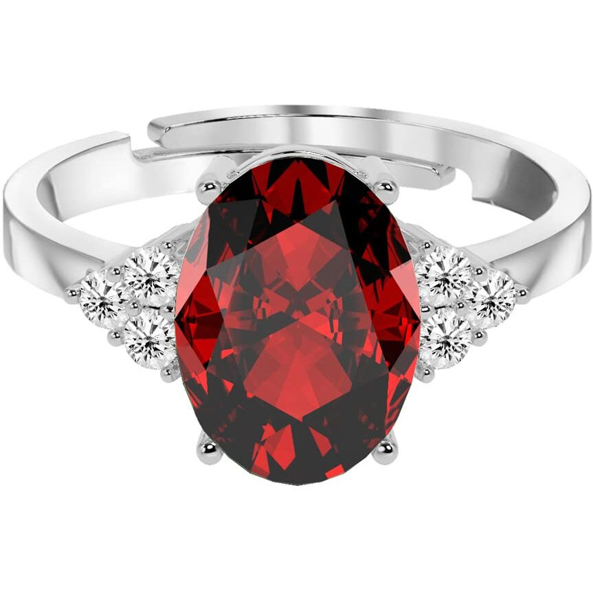 Clara 925 Sterling Silver Blood Red Oval Ring with Adjustable Band | Rhodium Plated, Swiss Zirconia | Gift for Women & Girls
