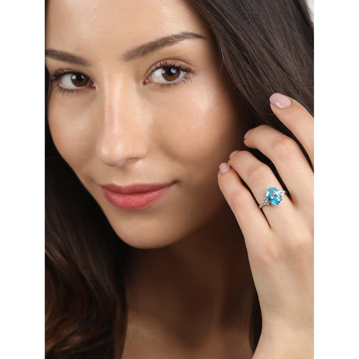 Clara 925 Sterling Silver Sky Blue Oval Ring with Adjustable Band | Rhodium Plated, Swiss Zirconia | Gift for Women & Girls