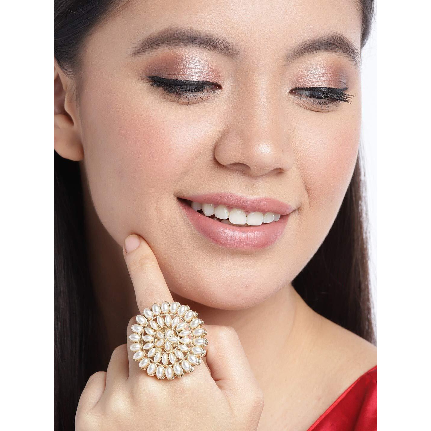 ZAVERI PEARLS Gold Tone Pearls Flower Ethnic Adjustable Finger Ring For Women-ZPFK9537