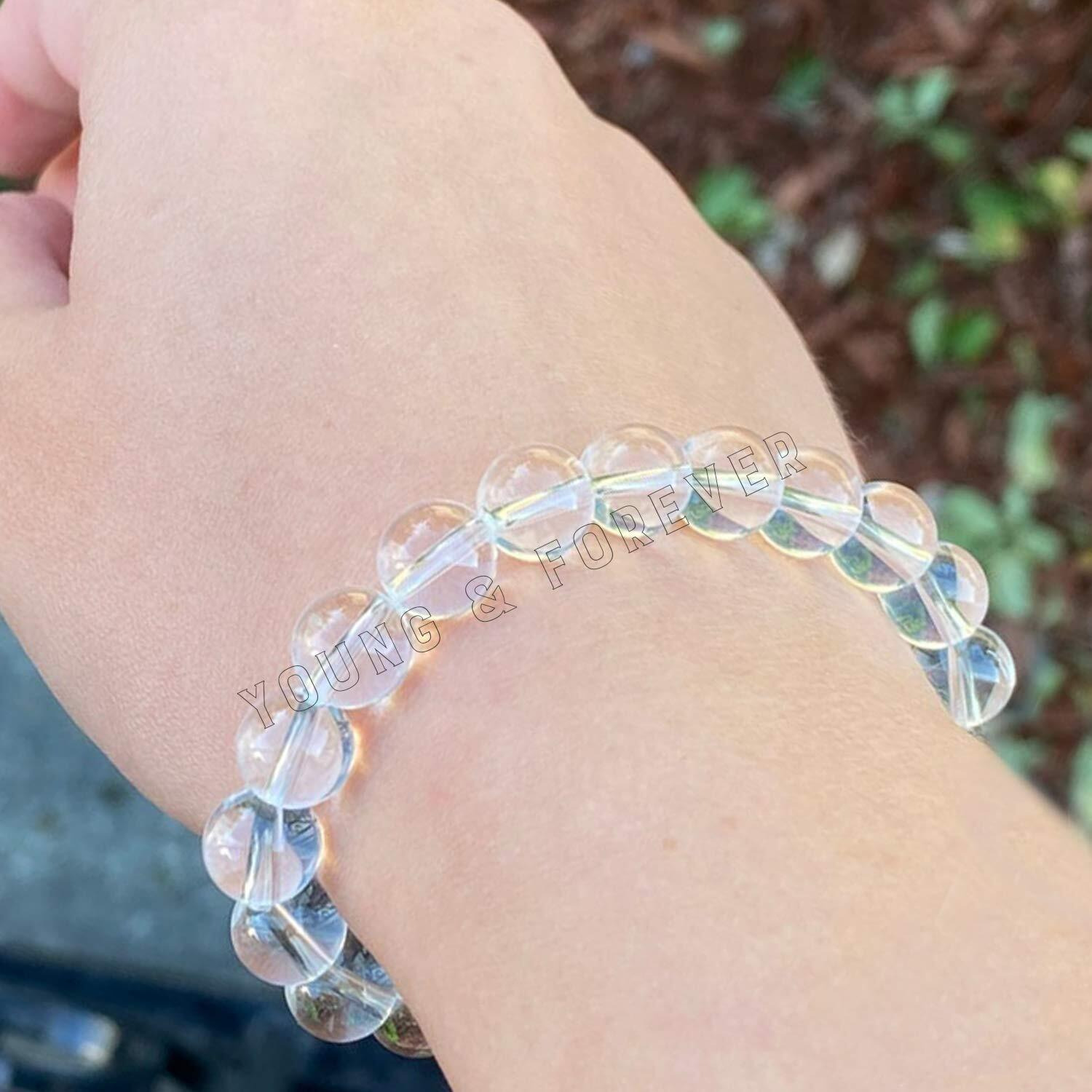 Young & Forever Gift Certified Reiki Crystal Semi Precious Gemstone Clear Quartz Bracelet Positive Energy Healing Stone Stretch Bracelet for Men and Women