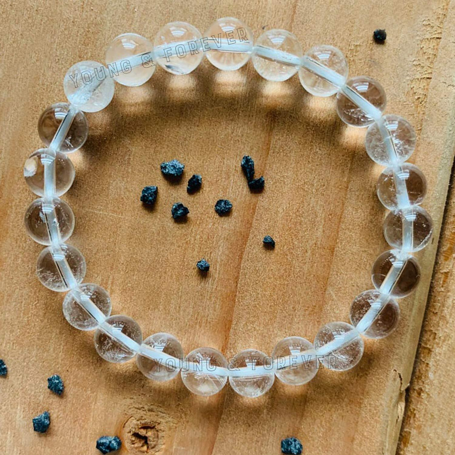 Young & Forever Gift Certified Reiki Crystal Semi Precious Gemstone Clear Quartz Bracelet Positive Energy Healing Stone Stretch Bracelet for Men and Women