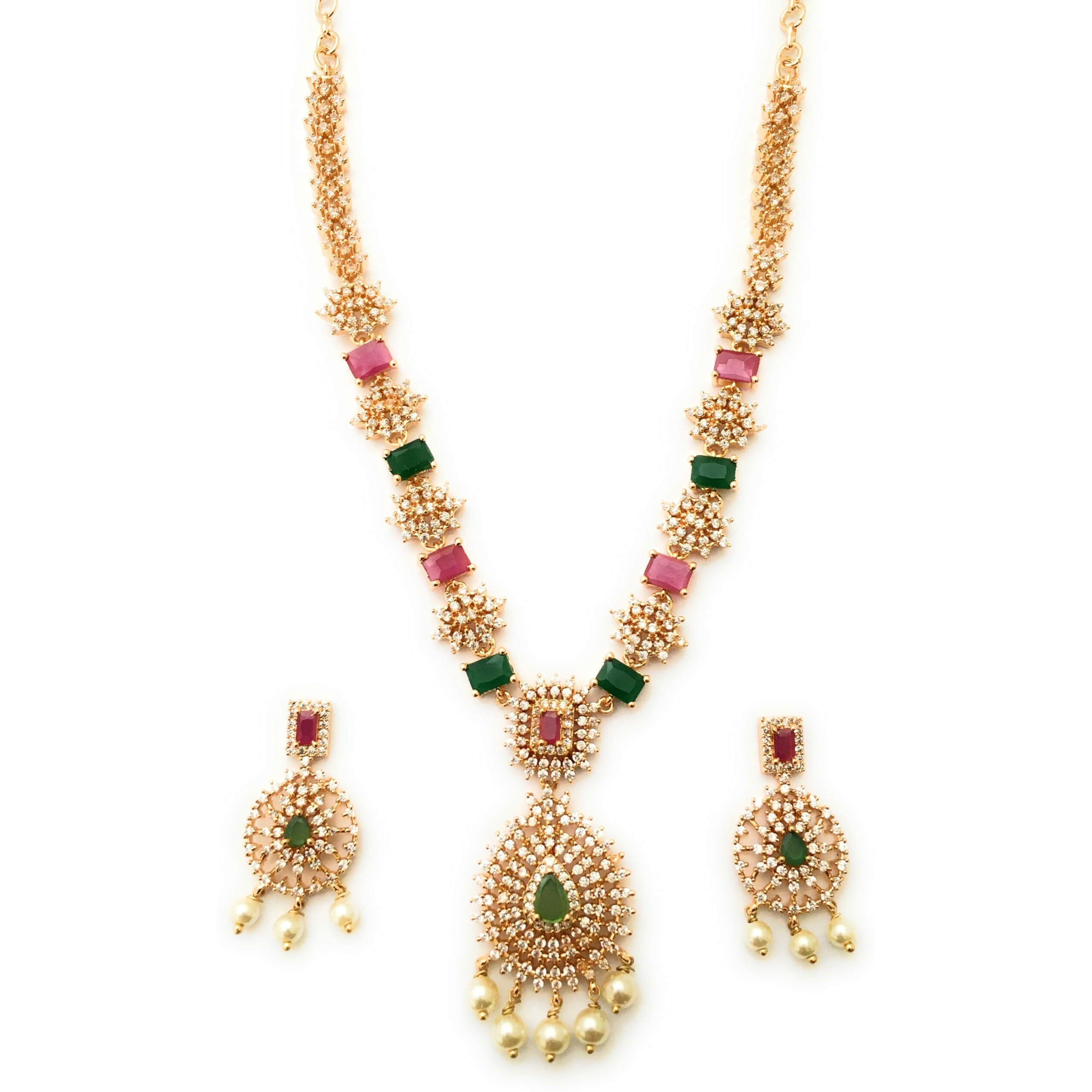 Sasitrends Traditional Micro Gold Plated Multi Color AD American Diamond Jewellery Necklace Jewellery Set for Women and Girls