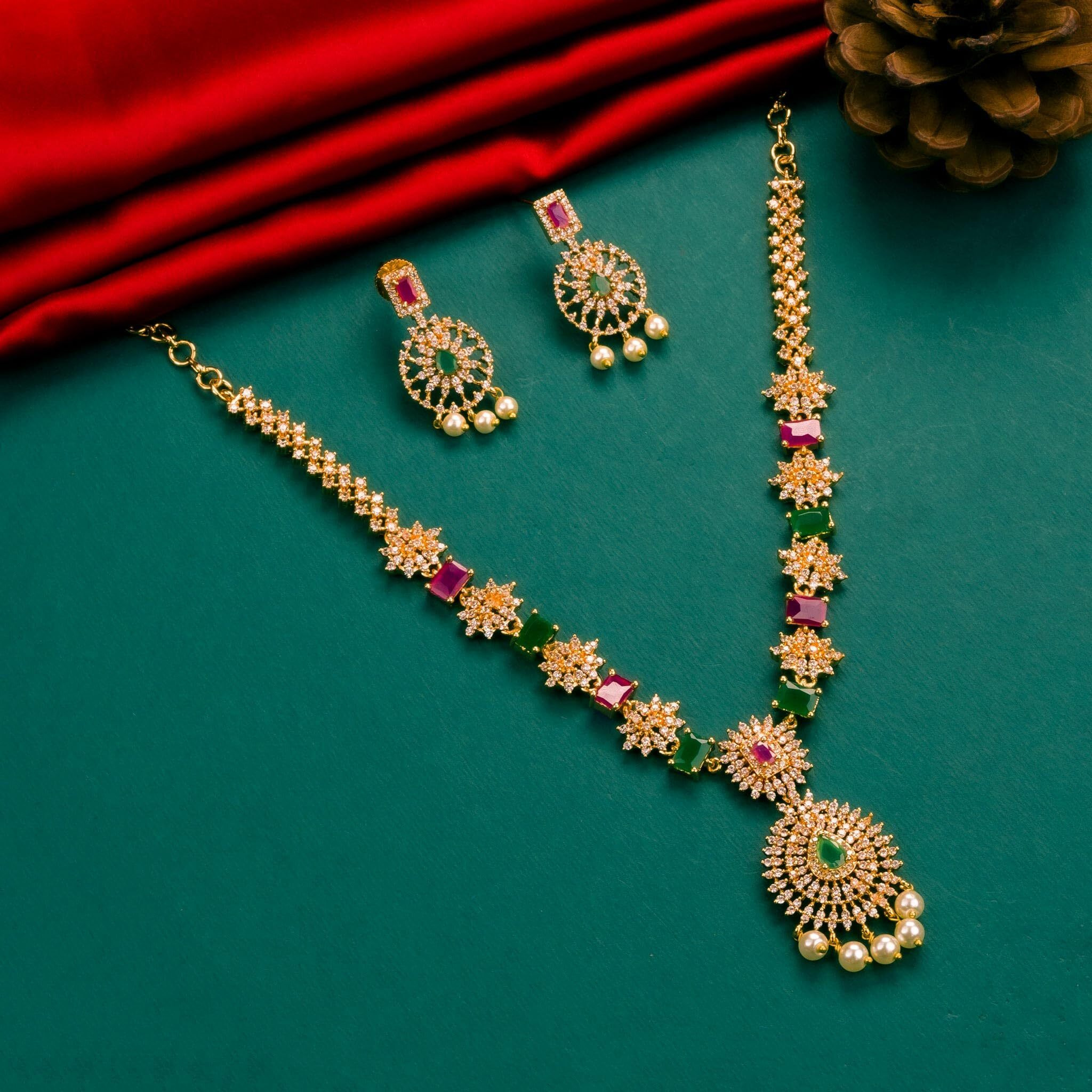 Sasitrends Traditional Micro Gold Plated Multi Color AD American Diamond Jewellery Necklace Jewellery Set for Women and Girls