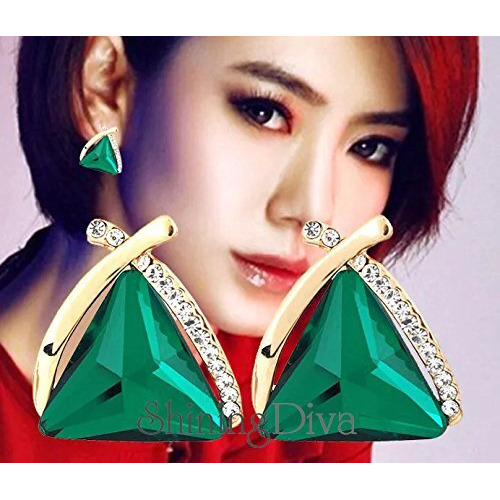 Shining Diva Fashion Green Crystal Gold Plated Cubic Zirconia Stud Earrings for Women(8772er)