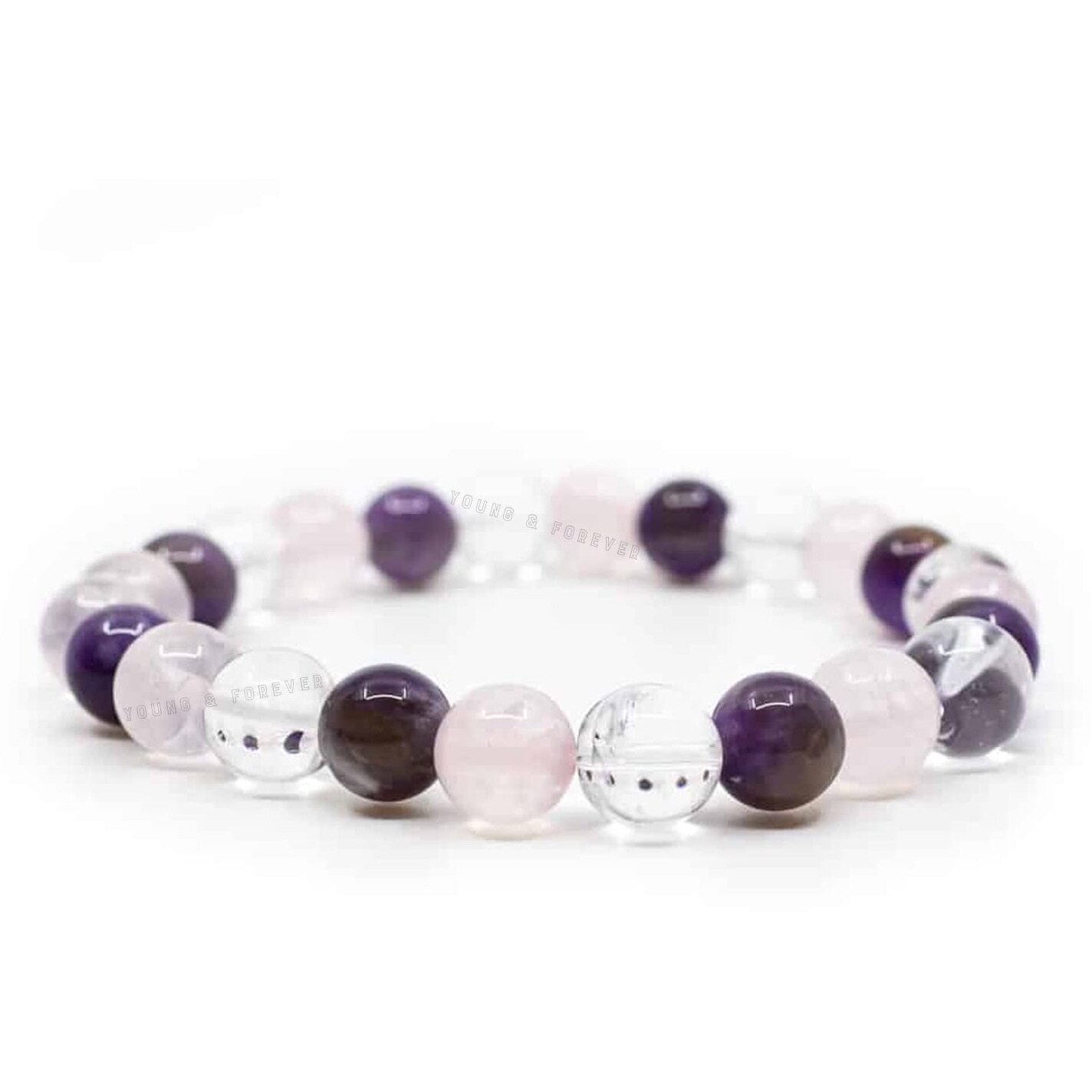 Young & Forever Gift The Magic Trio Golden Triangle Amethyst, Clear Quartz, Rose Quartz Crystal Bracelet 8mm for Women and Men