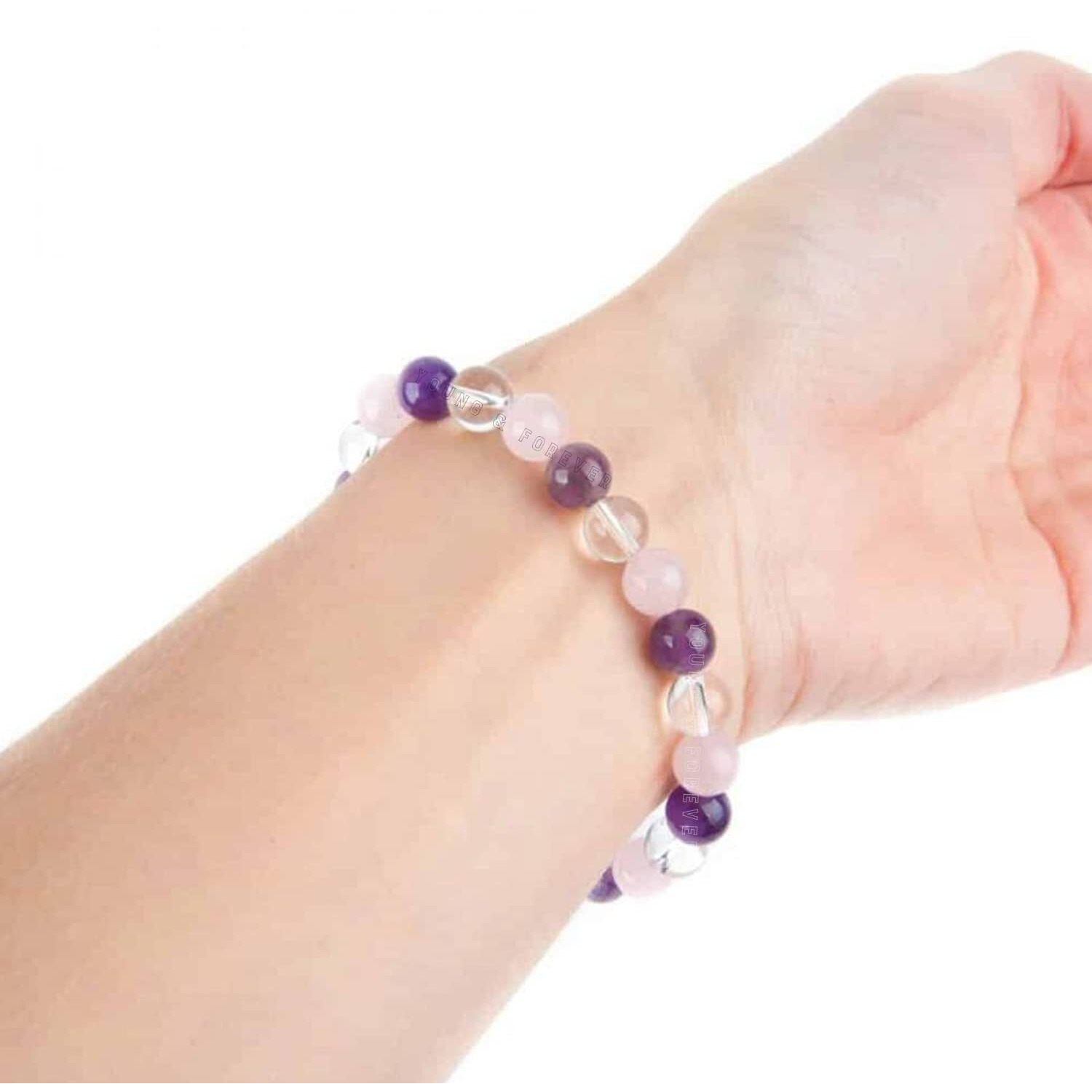 Young & Forever Gift The Magic Trio Golden Triangle Amethyst, Clear Quartz, Rose Quartz Crystal Bracelet 8mm for Women and Men