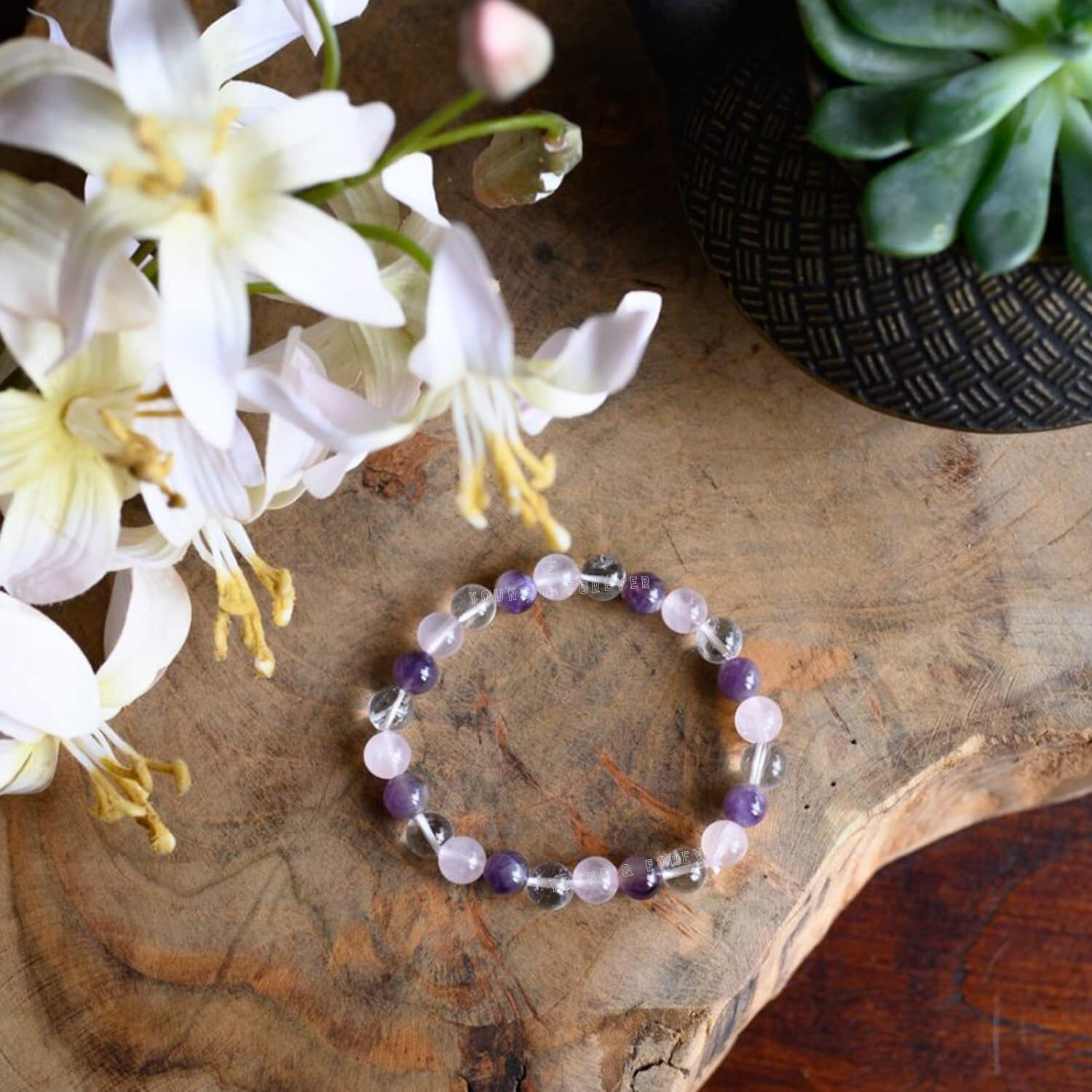 Young & Forever Gift The Magic Trio Golden Triangle Amethyst, Clear Quartz, Rose Quartz Crystal Bracelet 8mm for Women and Men