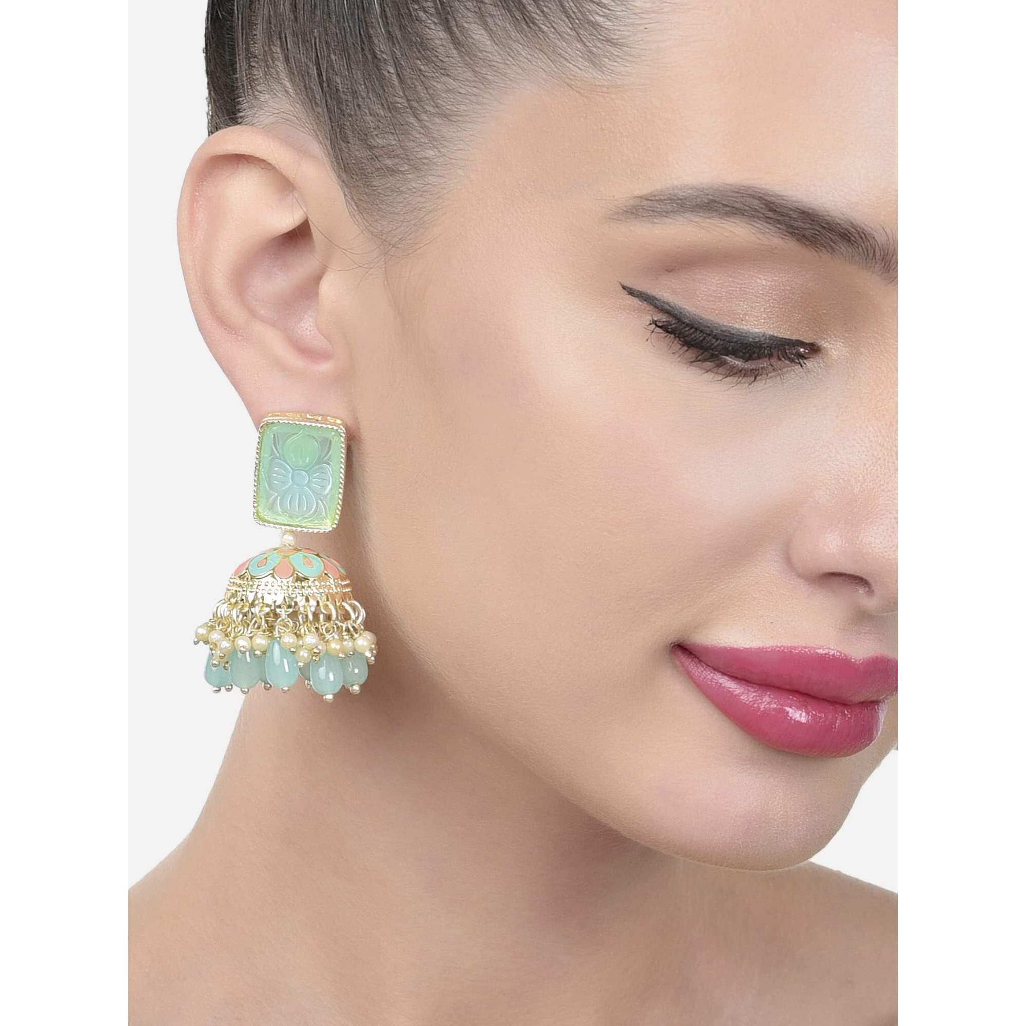 Zaveri Pearls Turquoise Peach Meenakari Cluster Beads Drop Jhumki Earring For Women-ZPFK15442