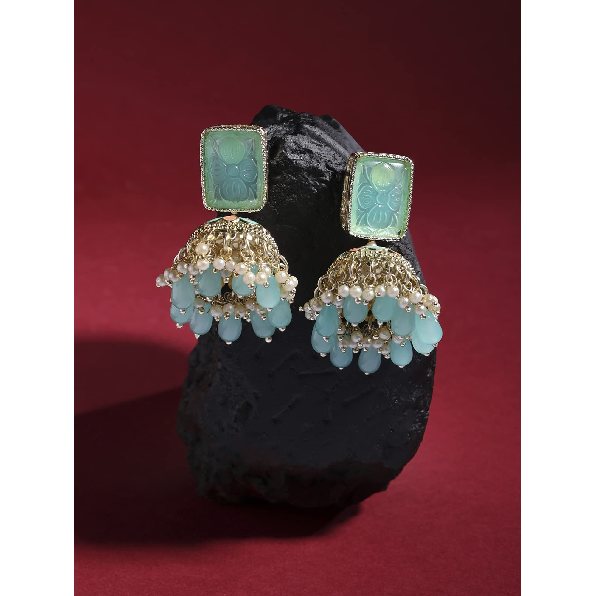 Zaveri Pearls Turquoise Peach Meenakari Cluster Beads Drop Jhumki Earring For Women-ZPFK15442