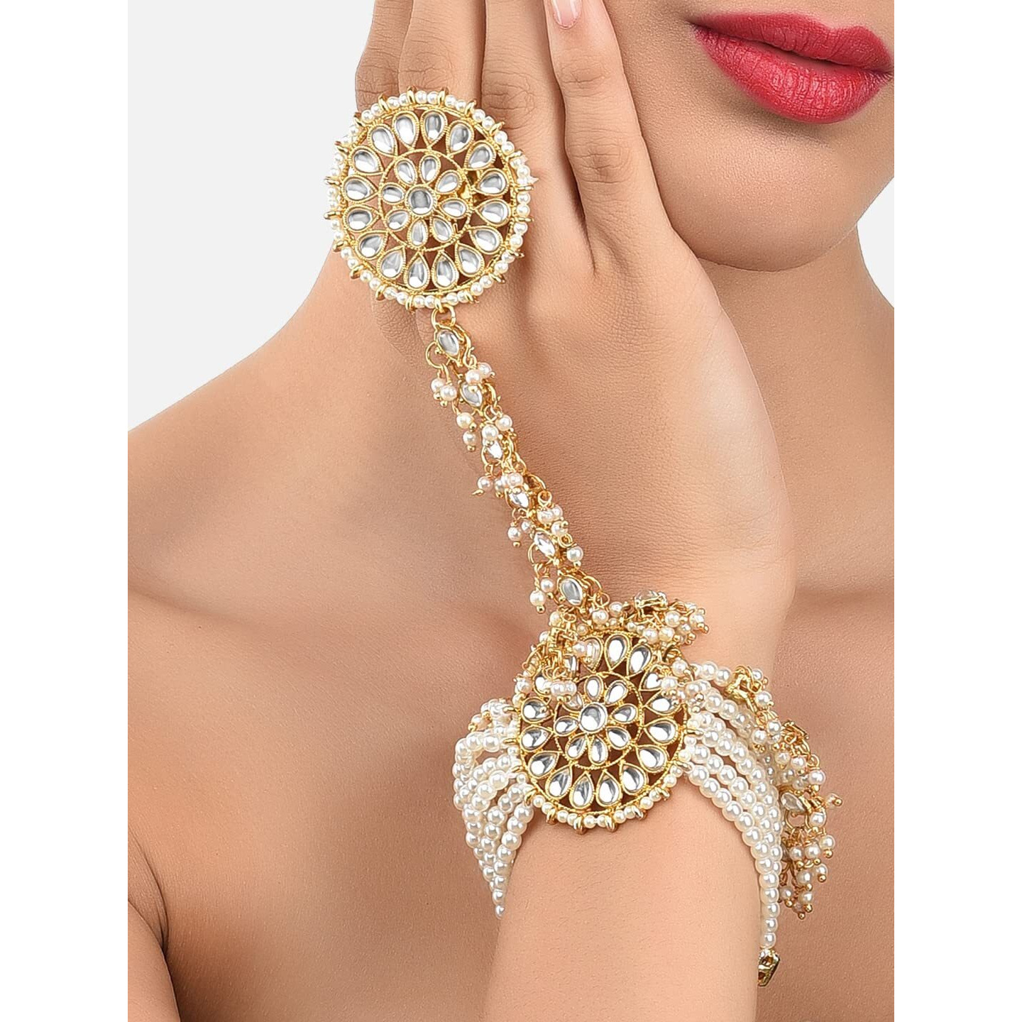 ZAVERI PEARLS Gold Tone Kundan & Pearls Mesmerising Hand Harness For Women-ZPFK9442