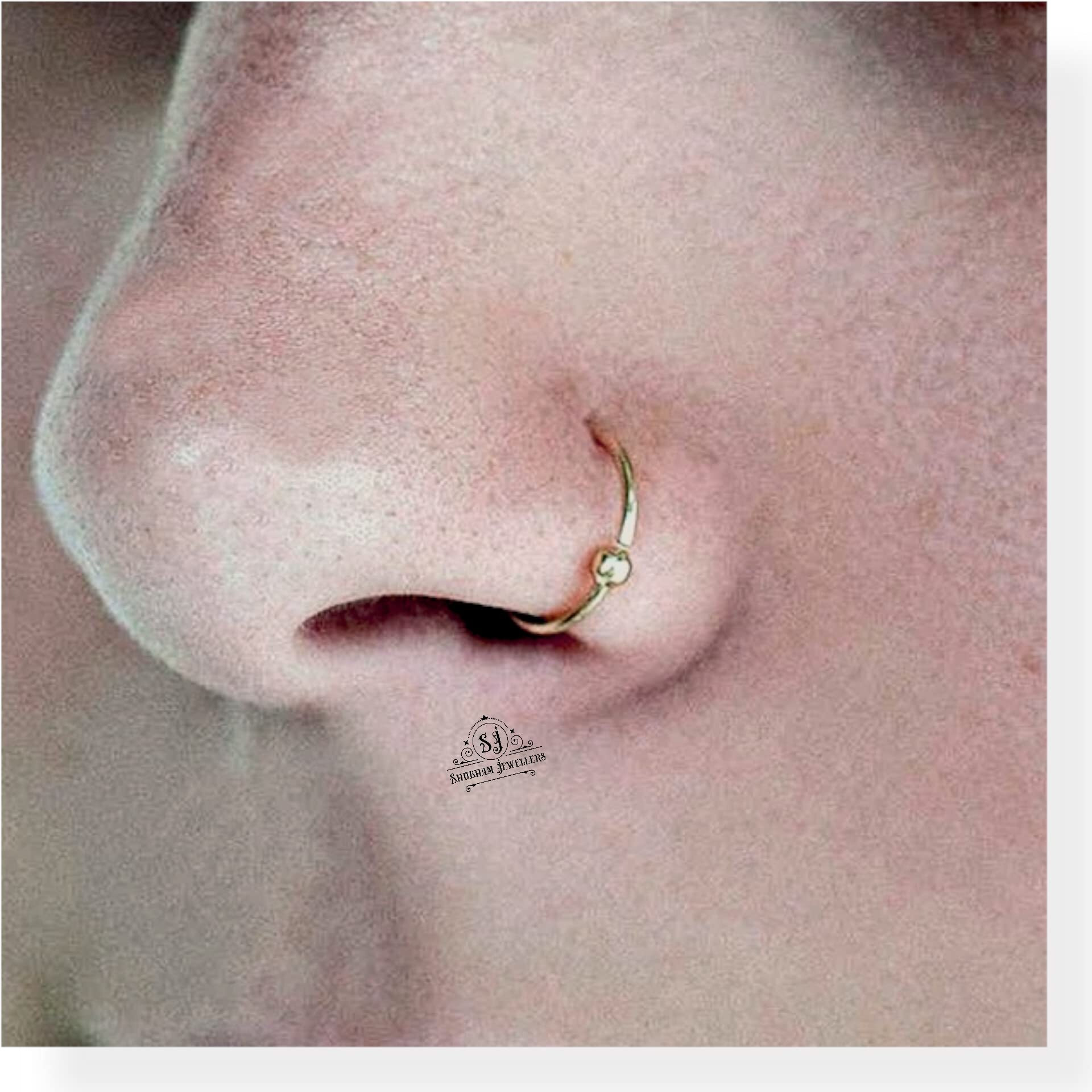 SJ SHUBHAM JEWELLERS 18k Gold Thin Tiny Hoop Nose Ring Nath, Simple & Beautiful Nose Pin For Women & Girls nose rings for pierced nose (Gold 18K 10MM)