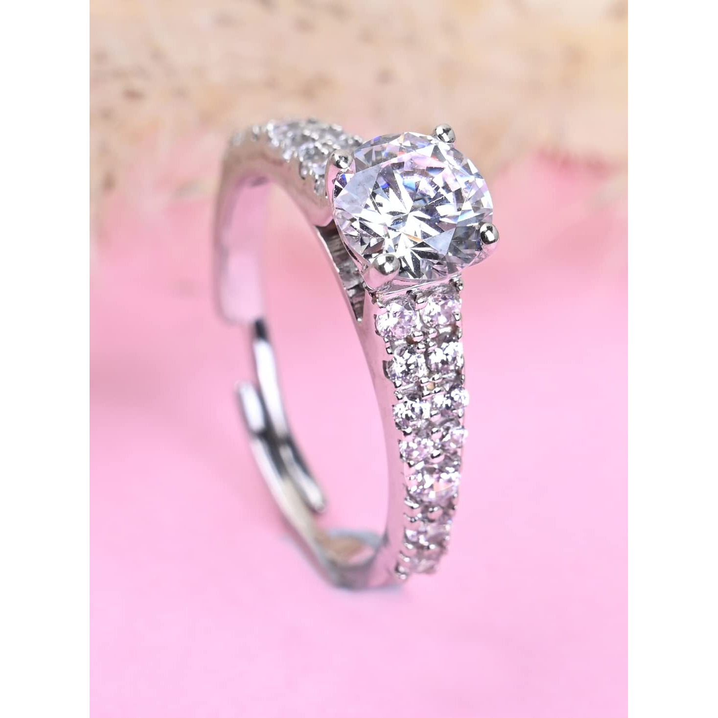 Clara Pure 925 Sterling Silver V Solitaire Finger Ring with Adjustable Band | Gift for Women Girls Wife Girlfriend | Swiss Zircon Rhodium Plated
