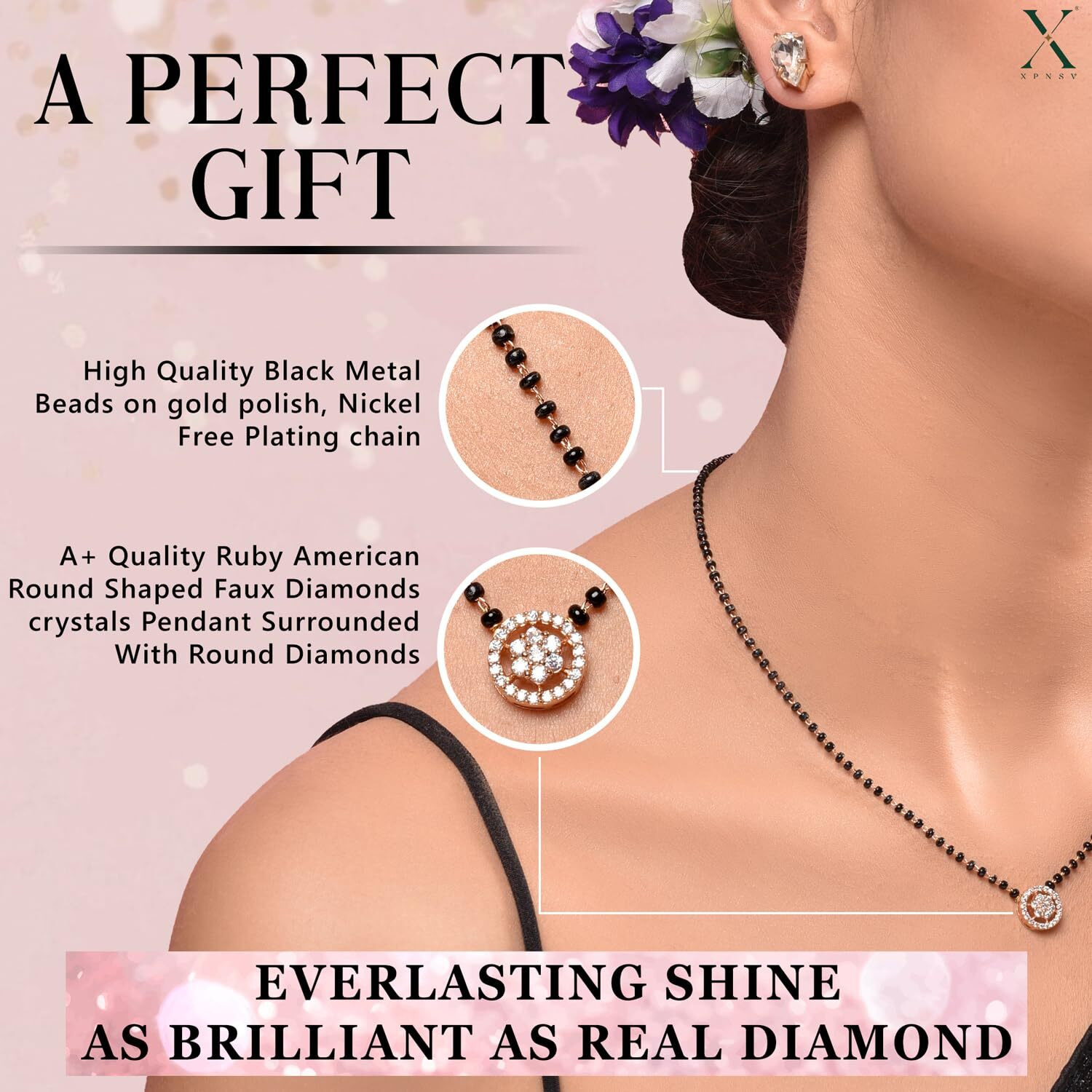 XPNSV Jewelry Luxury Pendant Gift Set Mangalsutra for Women, Girl & Her With American Diamond, Traditional Black Bead, Best Gifting Option in 9 Different Designs (Round)
