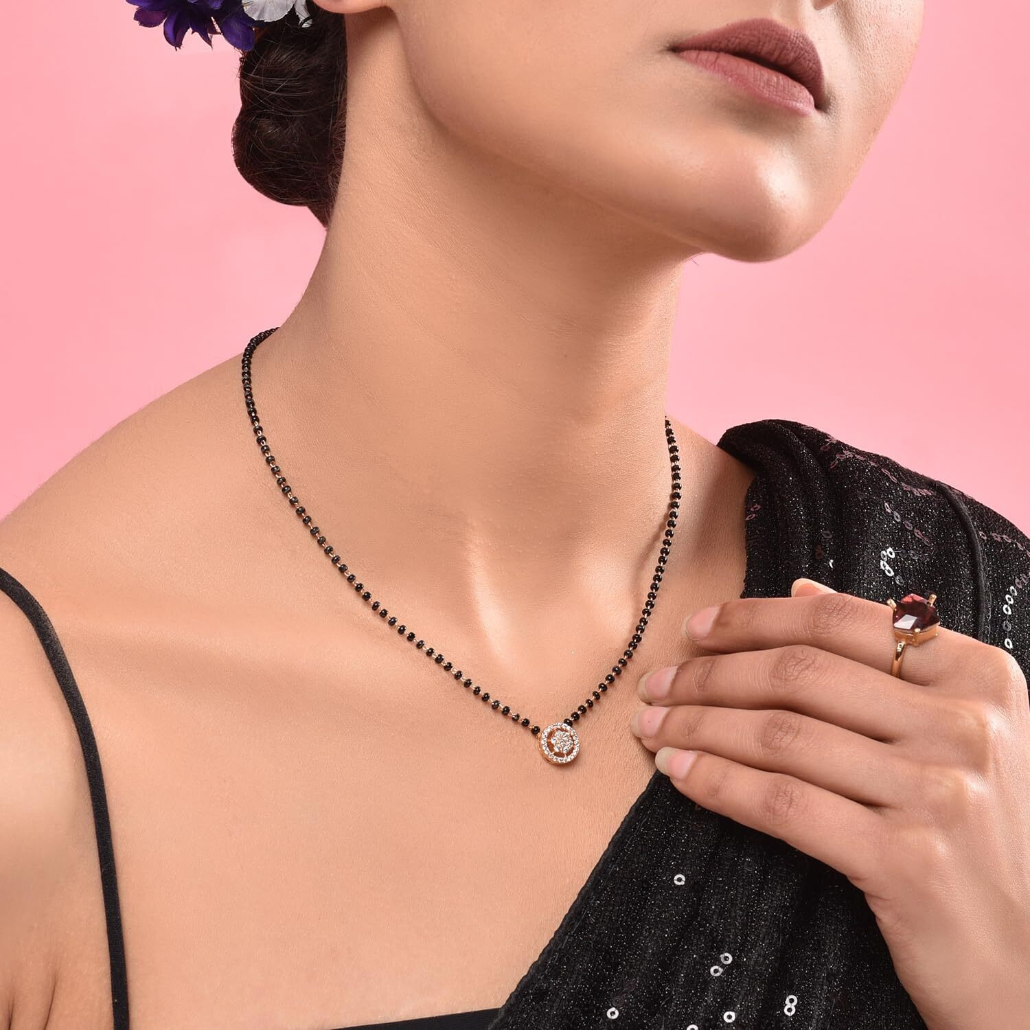 XPNSV Jewelry Luxury Pendant Gift Set Mangalsutra for Women, Girl & Her With American Diamond, Traditional Black Bead, Best Gifting Option in 9 Different Designs (Round)