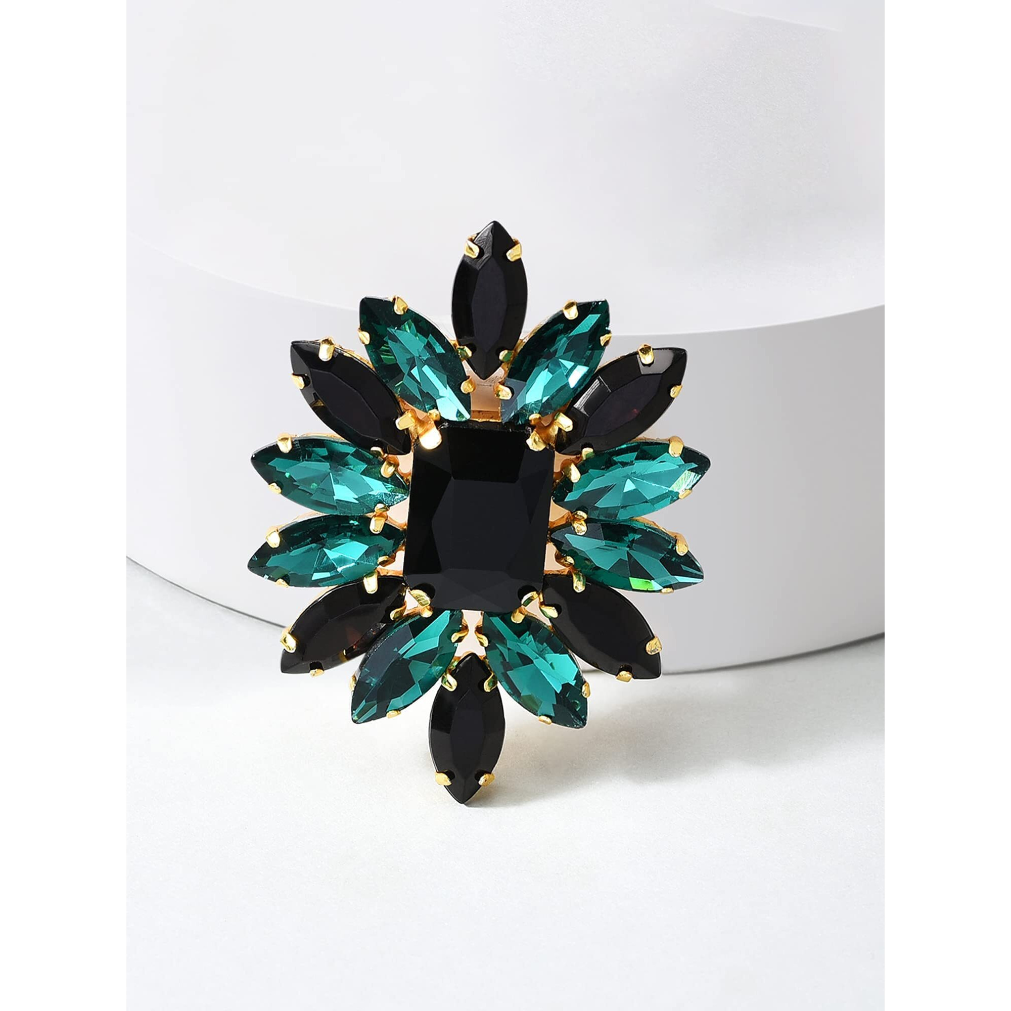 ZAVERI PEARLS Black & Green Crystal Shine Stones Party Bling Contemporary Adjustable Finger Ring For Women-ZPFK10011