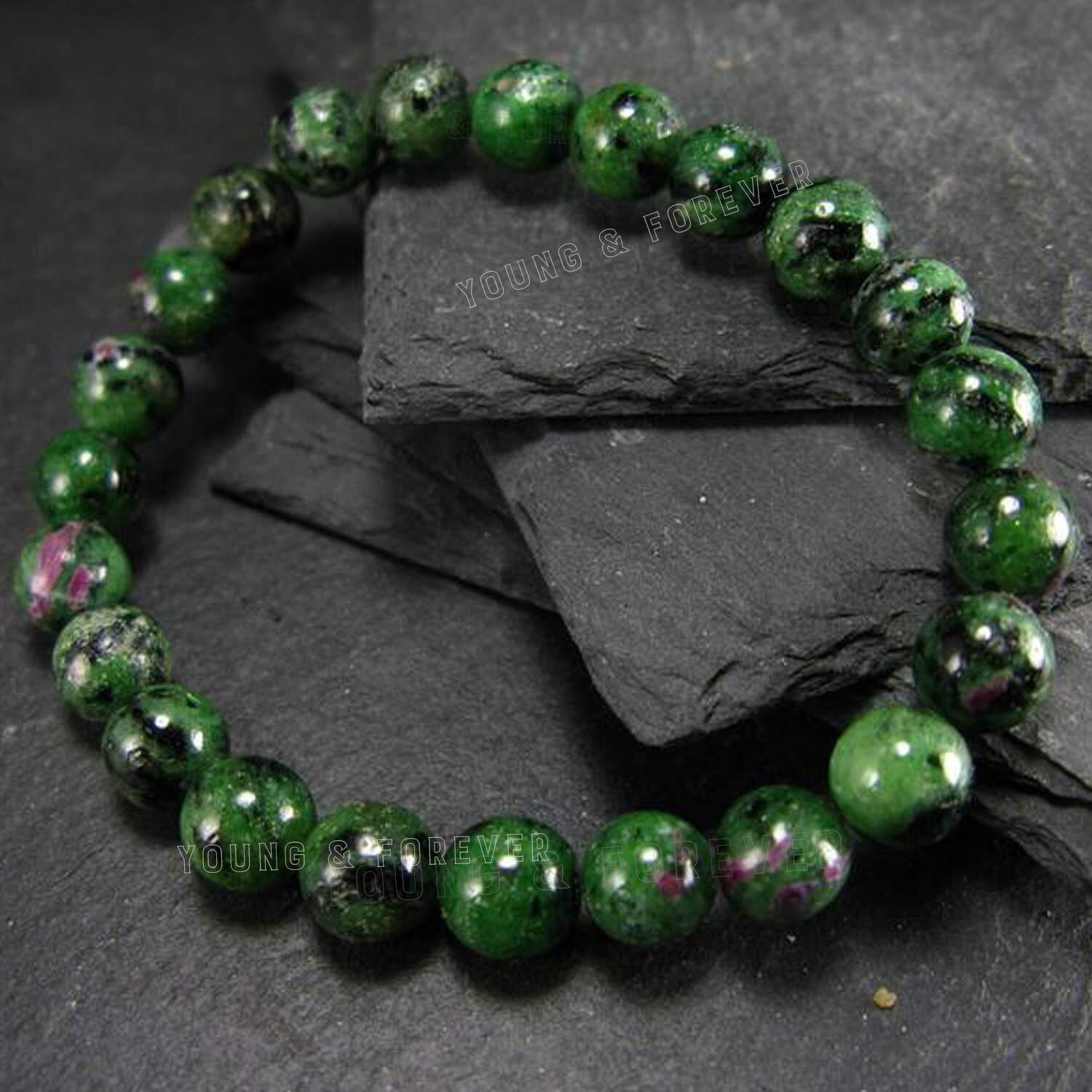 Young & Forever Gift Certified Reiki Crystal Semi Precious Gemstone Ruby Zoisite for Learning Individuality and Connectedness Healing Stone Stretch Bracelet for Men Women