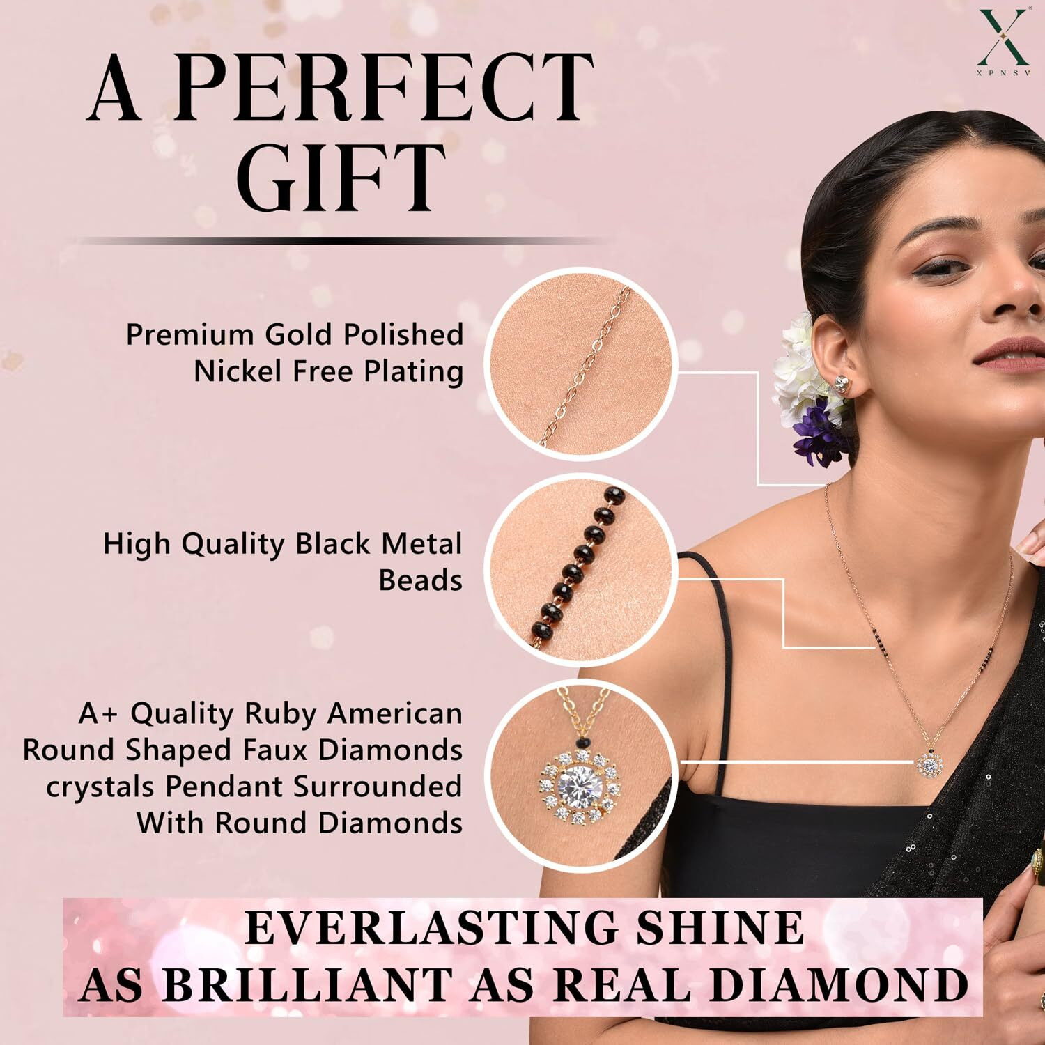 XPNSV Jewelry Luxury Pendant Gift Set Mangalsutra for Women, Girl & Her With American Diamond, Traditional Black Bead, Best Gifting Option in 9 Different Designs (Round Solitaire)