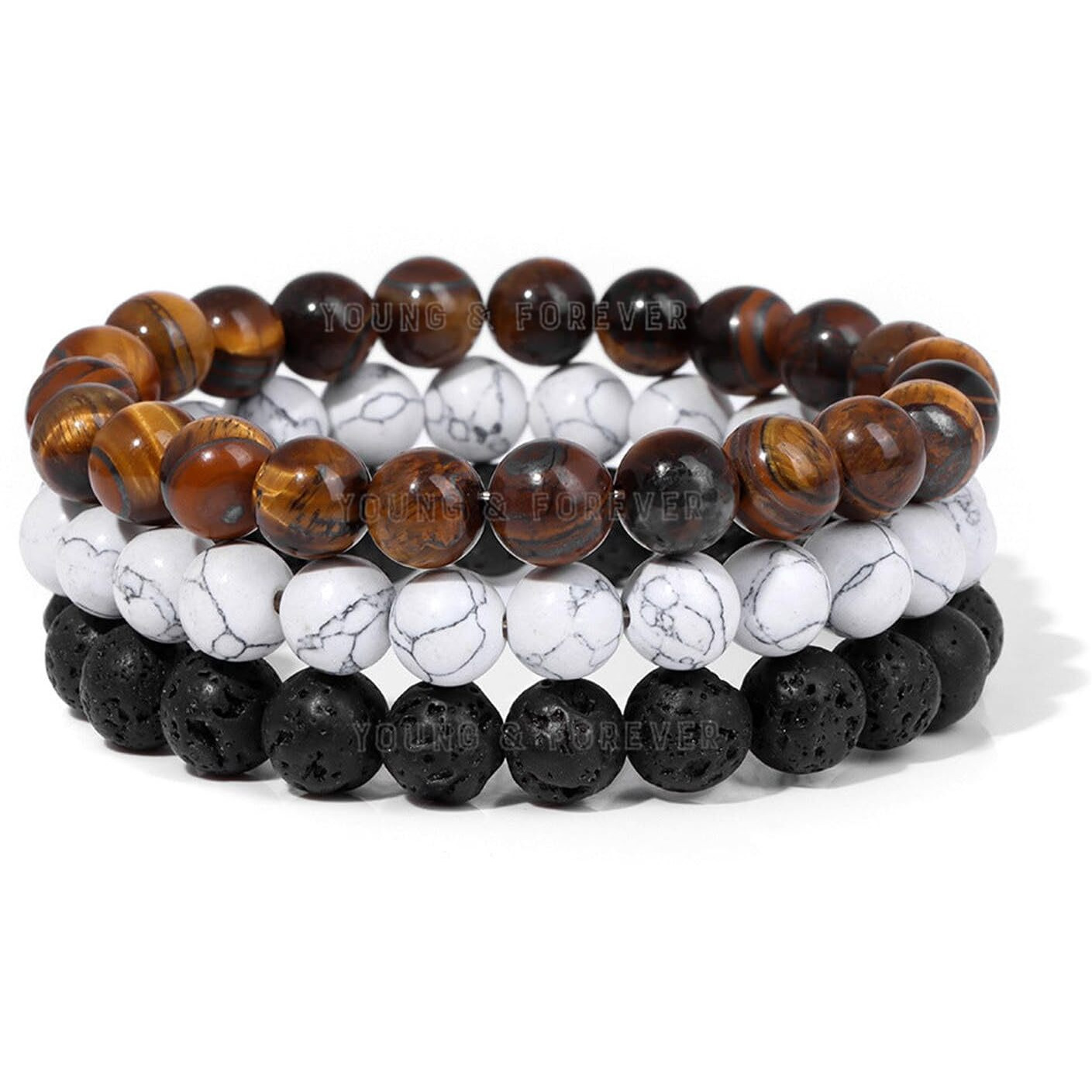 Young & Forever Reiki Crystal Beads Bracelets Original Howlite Brown Tiger Eye Lava Rock Set of 3 Bracelet Set