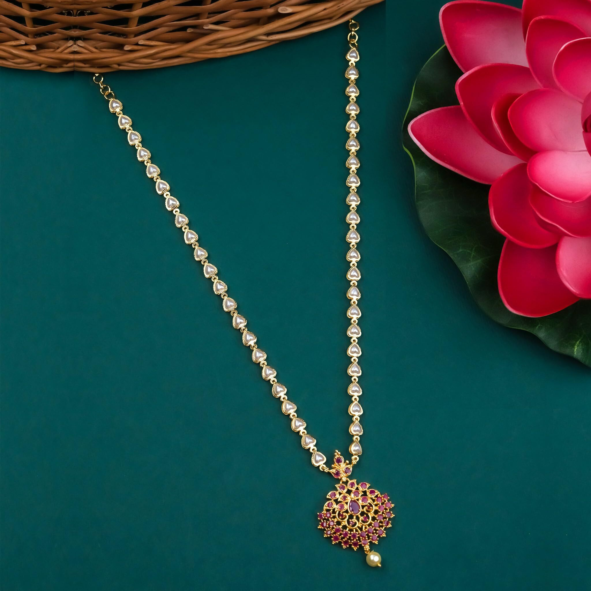 Sasitrends 1 Gram Micro Gold Plated Pearl Chain Pendant Necklace For Women And Girls