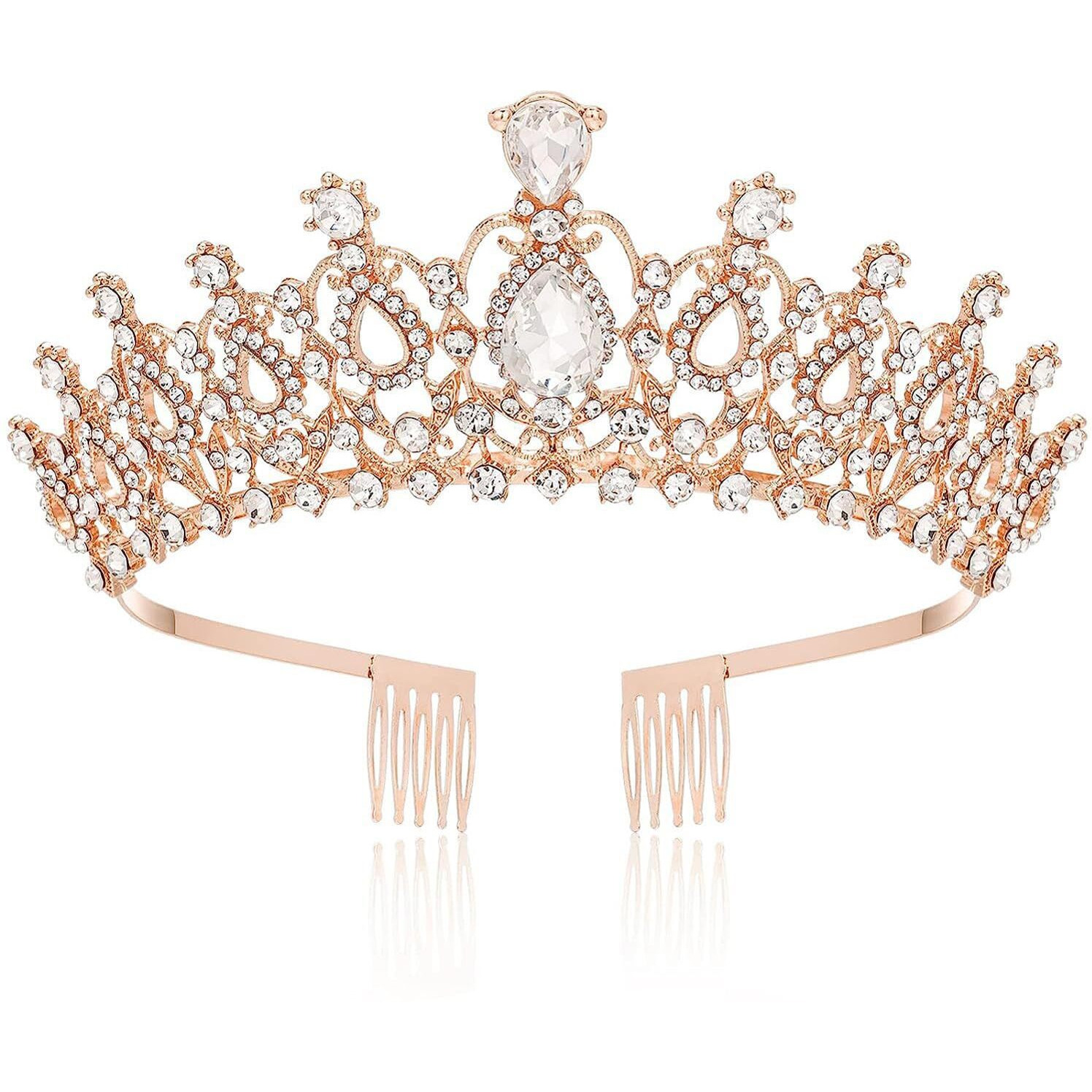 Shining Diva Fashion Crystal Tiara and Crown for Women Stylish Headband Crowns with Comb Tiaras for Girls Kids Queen Princess Wedding Bridal Birthday Gift Hair Accessories (Rose Gold) (rr15870hb)