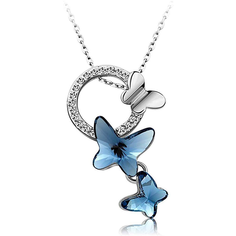 Shining Diva Fashion Stylish Platinum Silver Plated Crystal Butterfly Chain Pendant Necklace for Women (Blue, 10925np)