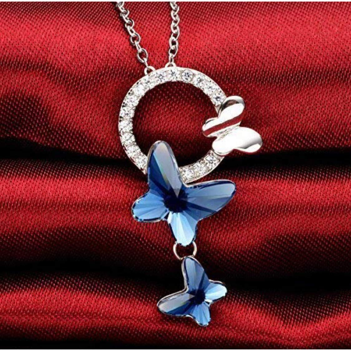 Shining Diva Fashion Stylish Platinum Silver Plated Crystal Butterfly Chain Pendant Necklace for Women (Blue, 10925np)