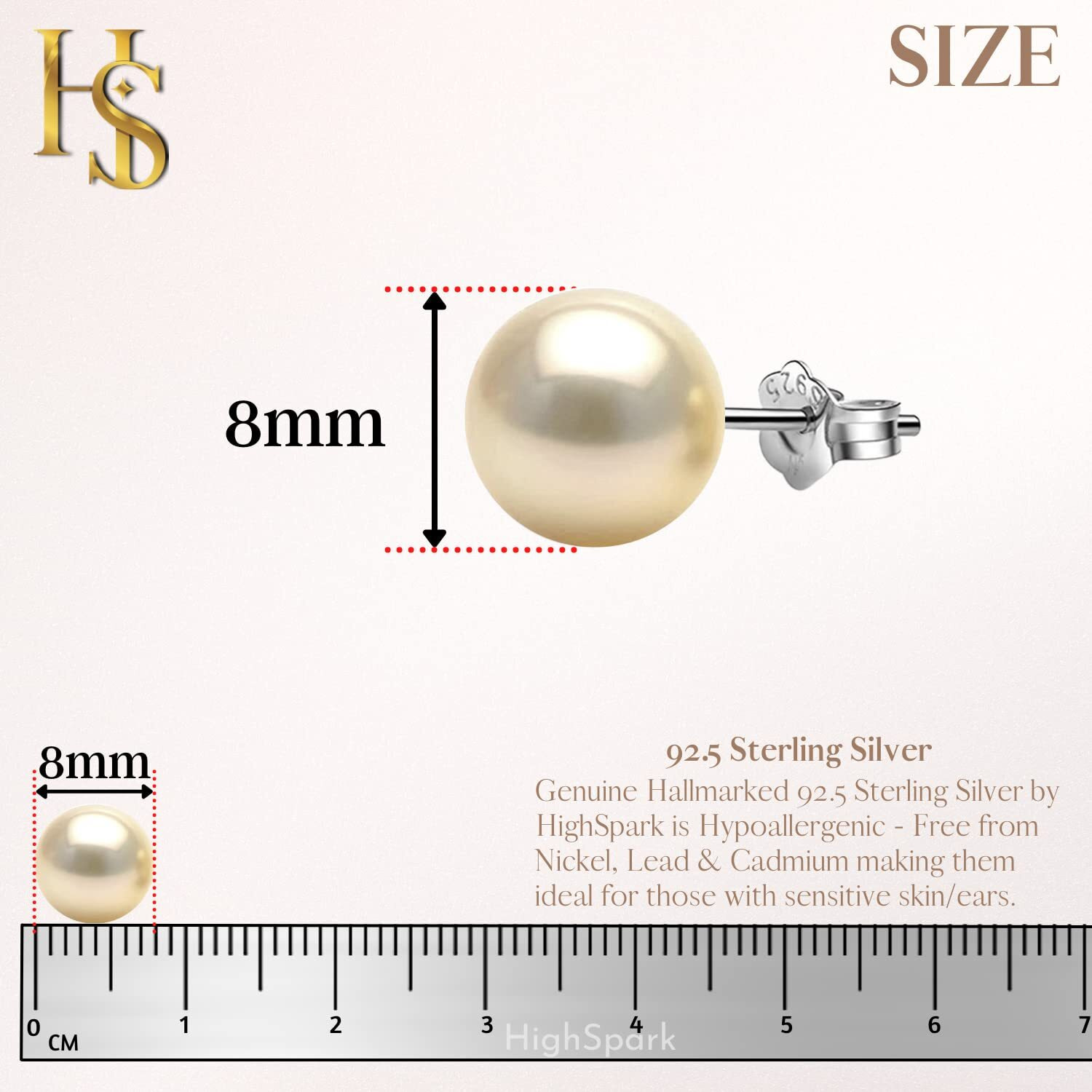 HIGHSPARK 925 Silver Classic Pearl Earrings for Women | 92.5 Sterling Silver & Brilliant Lustre Pearls | Lovely Gift for Women - Pearl Light Gold 8mm