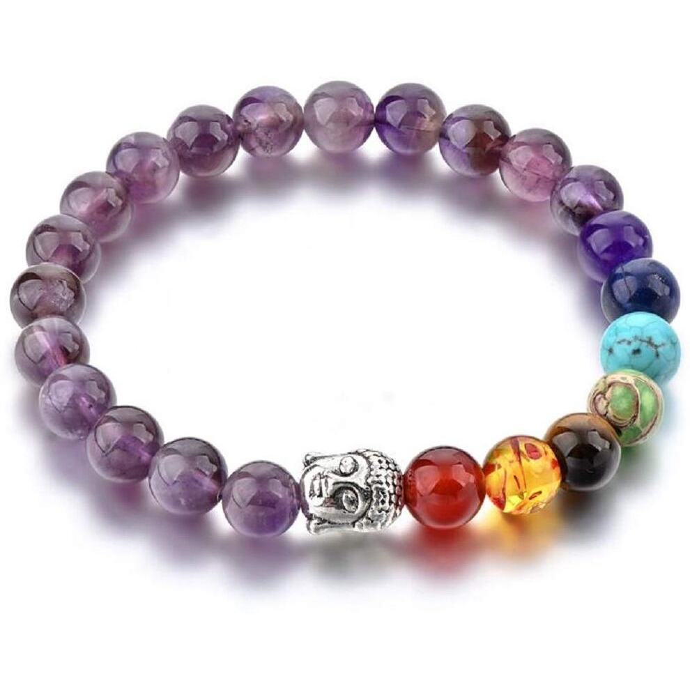 Hot And Bold 7 Chakra Triple Protection Bracelet Natural Stones With Certificate Of Authenticity For Unisex Adult (Amethyst Silver Buddha)