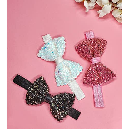 ANNA CREATIONS Premium Glitter Soft Bow Multicolor Good Elastic Headband Hair Accessory for Baby Girls and Kids (Set Of 3)