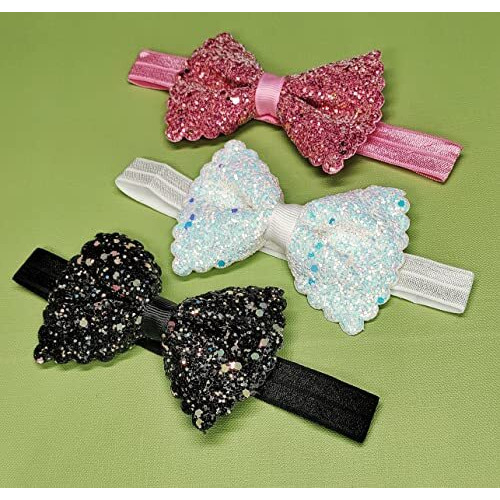 ANNA CREATIONS Premium Glitter Soft Bow Multicolor Good Elastic Headband Hair Accessory for Baby Girls and Kids (Set Of 3)