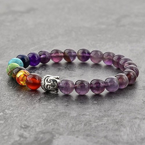 Hot And Bold 7 Chakra Triple Protection Bracelet Natural Stones With Certificate Of Authenticity For Unisex Adult (Amethyst Golden Buddha)