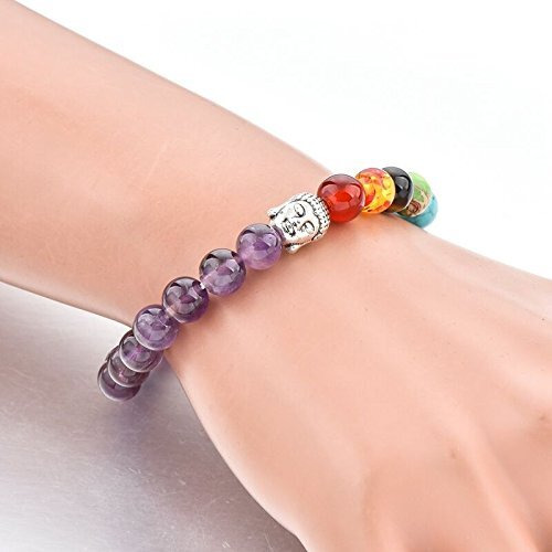 Hot And Bold 7 Chakra Triple Protection Bracelet Natural Stones With Certificate Of Authenticity For Unisex Adult (Amethyst Golden Buddha)