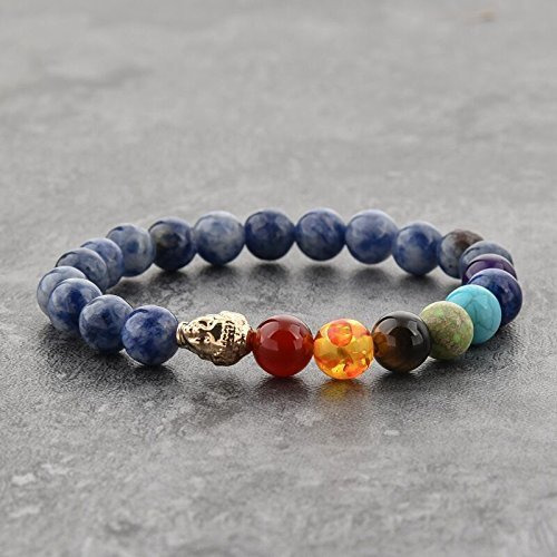 Hot And Bold 7 Chakra Triple Protection Bracelet Natural Stones With Certificate Of Authenticity For Unisex Adult (Sodalite Golden Buddha)