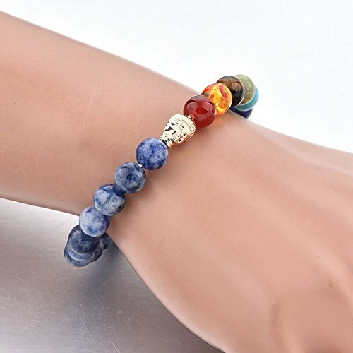 Hot And Bold 7 Chakra Triple Protection Bracelet Natural Stones With Certificate Of Authenticity For Unisex Adult (Sodalite Golden Buddha)