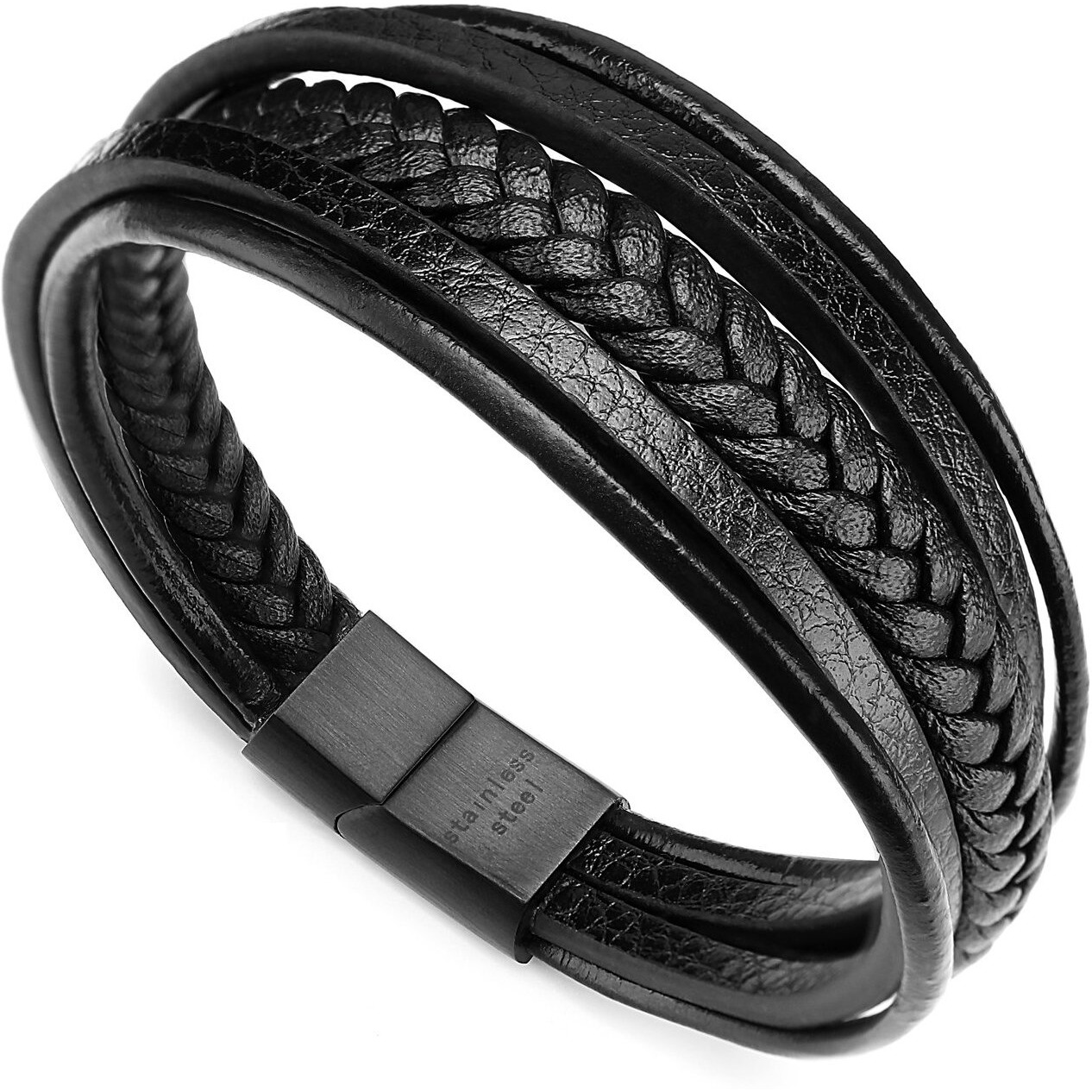 Zibuyu Hand Bracelet for Men Women Stylish Skin Friendly Braided Multi-Layer Wrap Magnetic Clasp Hoop Bracelet with Alloy Clasp Fashion PU Leather for Boys Girls (Black)