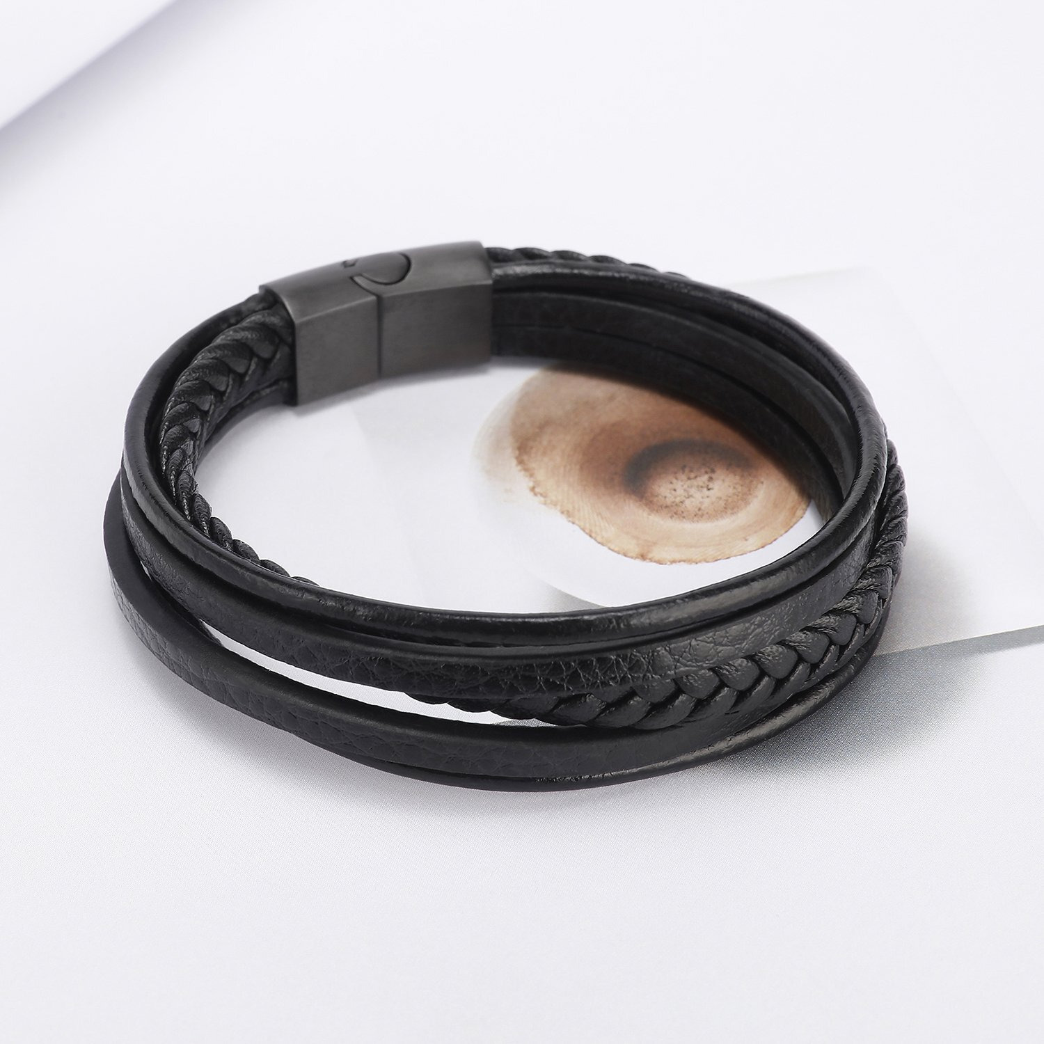 Zibuyu Hand Bracelet for Men Women Stylish Skin Friendly Braided Multi-Layer Wrap Magnetic Clasp Hoop Bracelet with Alloy Clasp Fashion PU Leather for Boys Girls (Black)