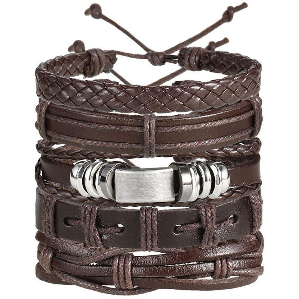Shining Diva Fashion Combo Stylish Base Metal Multi Strand Leather Bracelet for Men (Brown, 9905b)