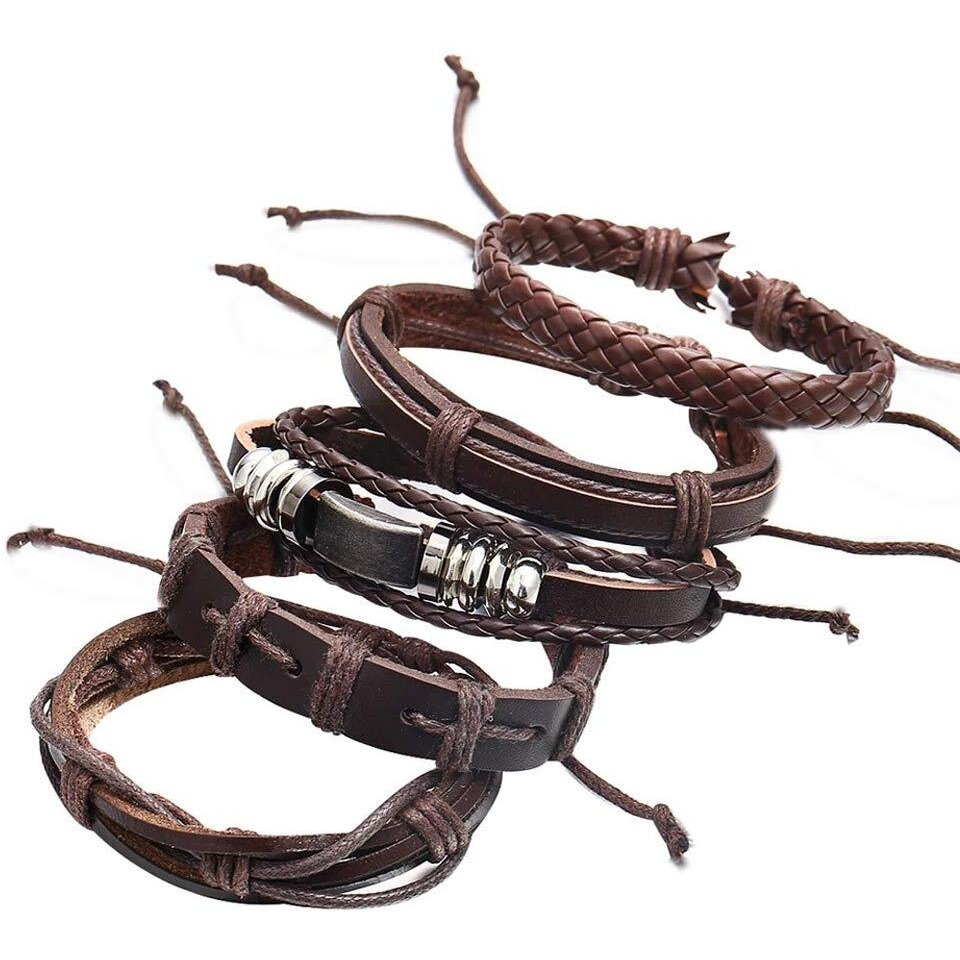 Shining Diva Fashion Combo Stylish Base Metal Multi Strand Leather Bracelet for Men (Brown, 9905b)