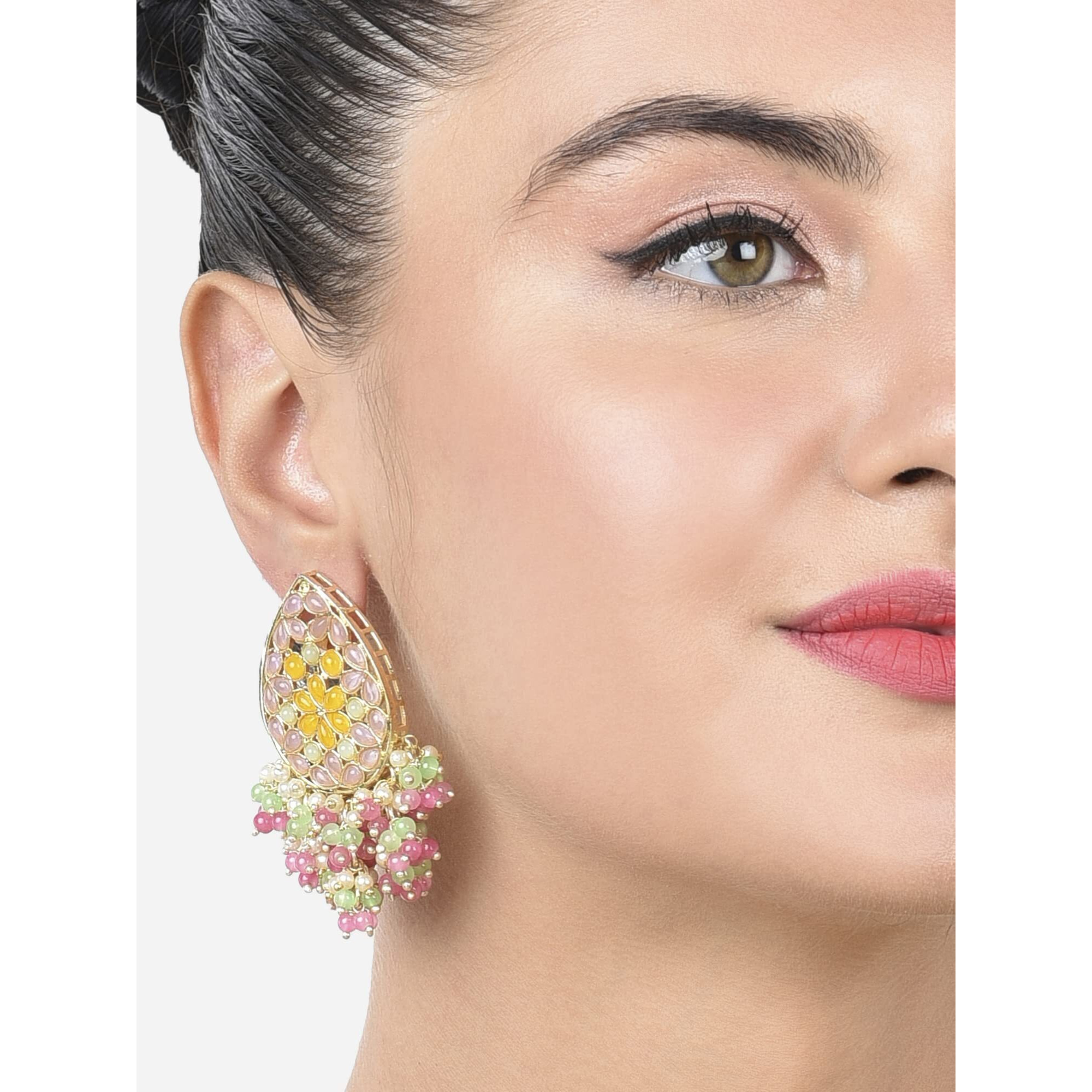 Zaveri Pearls Multicolor Stones Embellished Clustered Beads Yellow Gold Drop Earring For Women-ZPFK15188