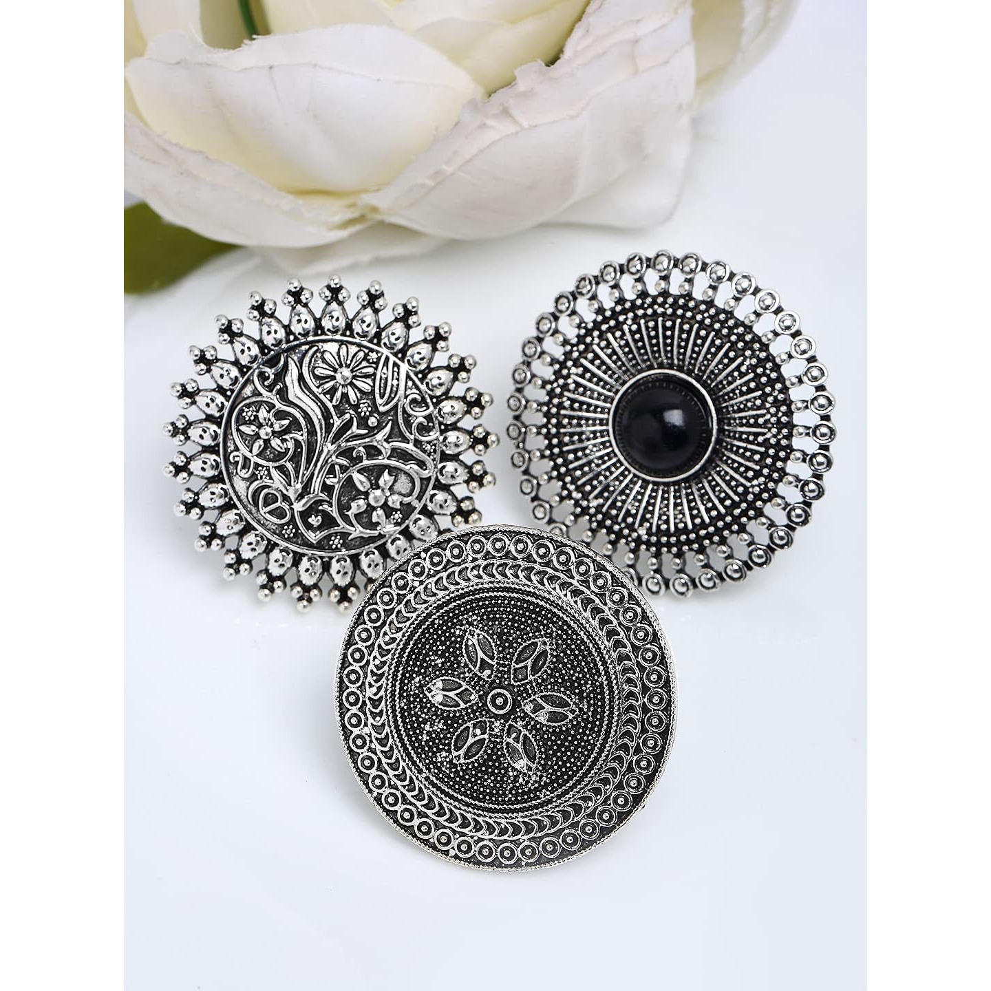 YouBella Jewellery Afghani Tribal Oxidised Silver Plated Combo of 3 Rings for Women and Girls (YBRG_20136)