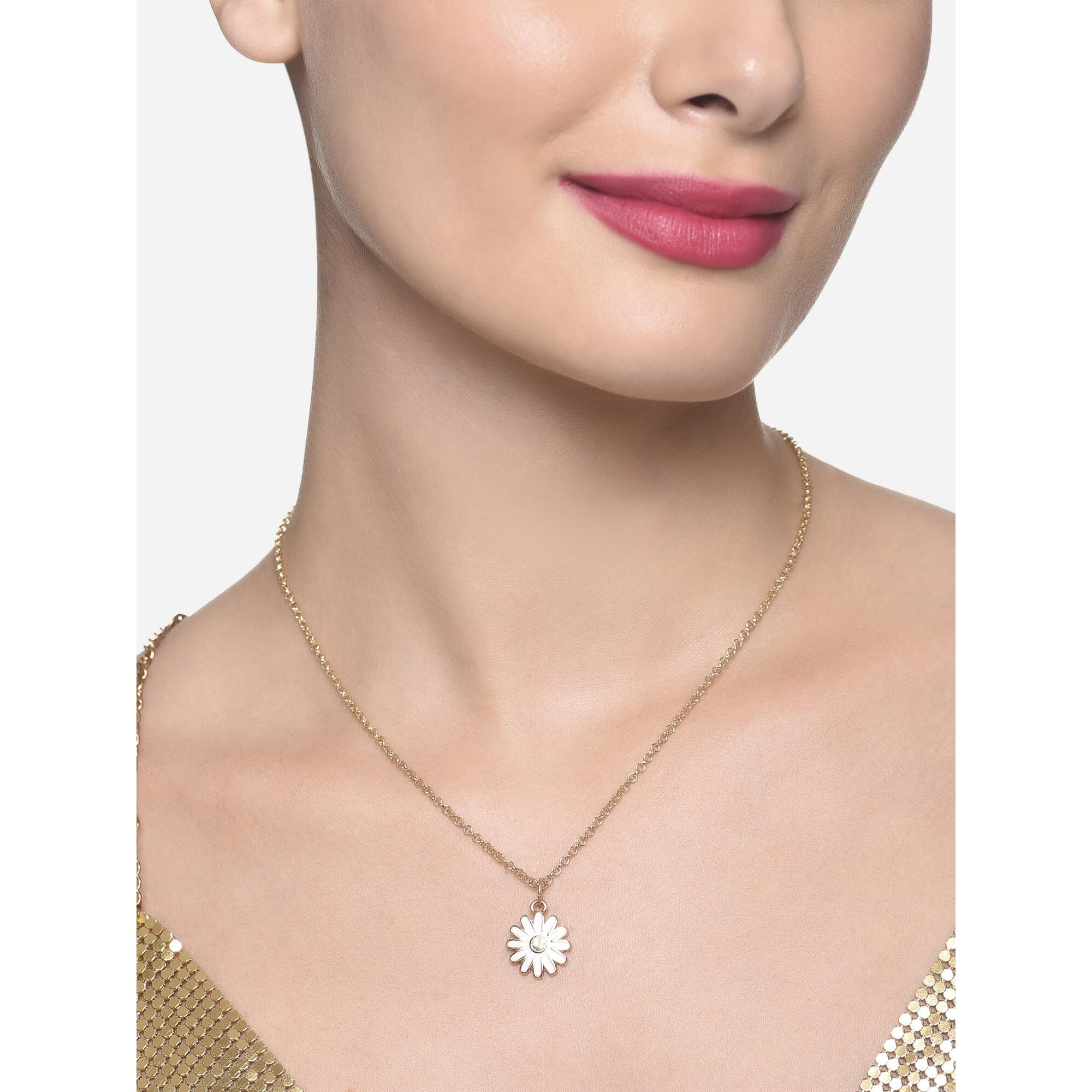 ZAVERI PEARLS White Enamel Contemporary Flower Pendant & Chain For Women-ZPFK16226
